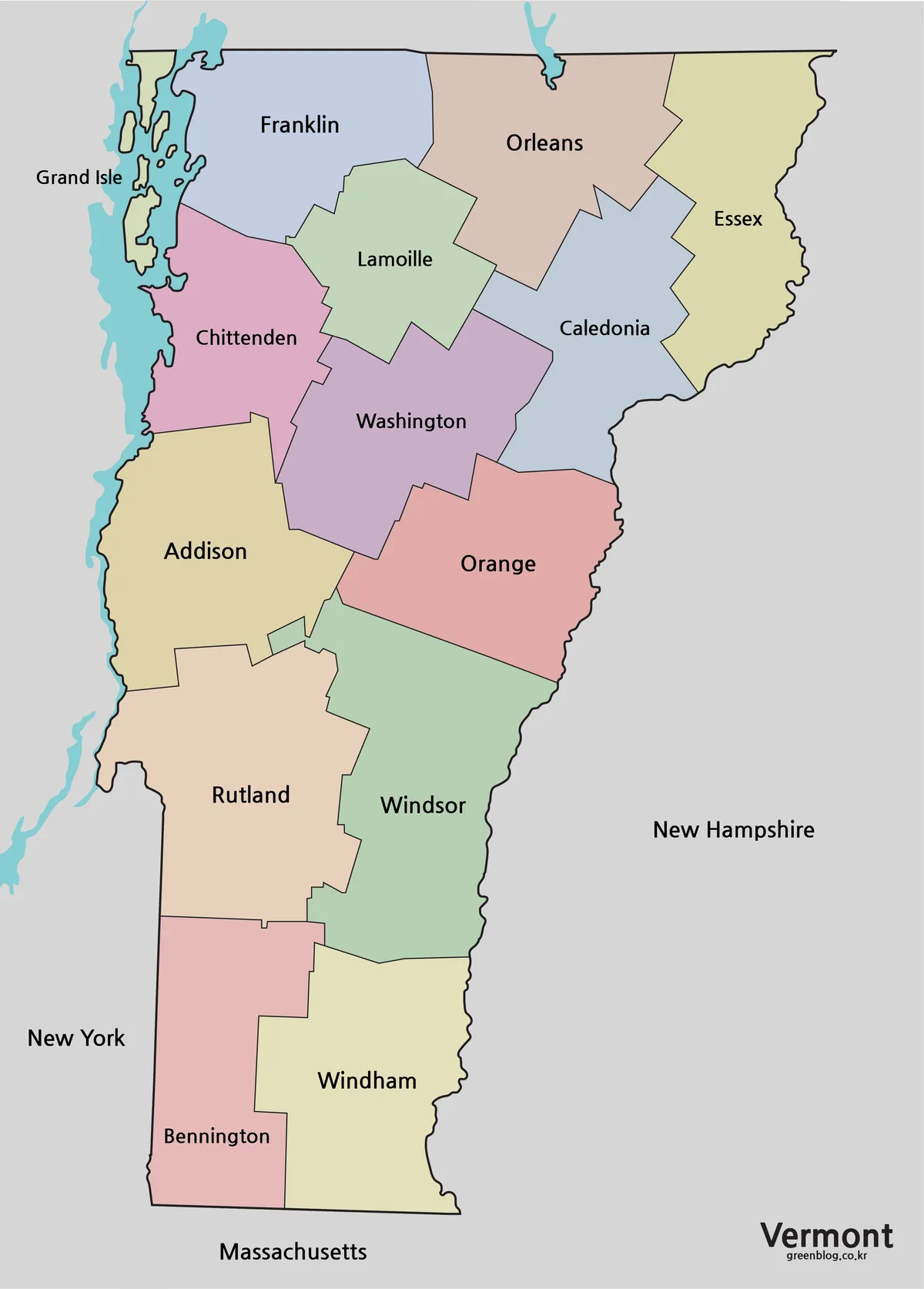 Color Vermont map with 14 county boundaries for presentations and classroom reference