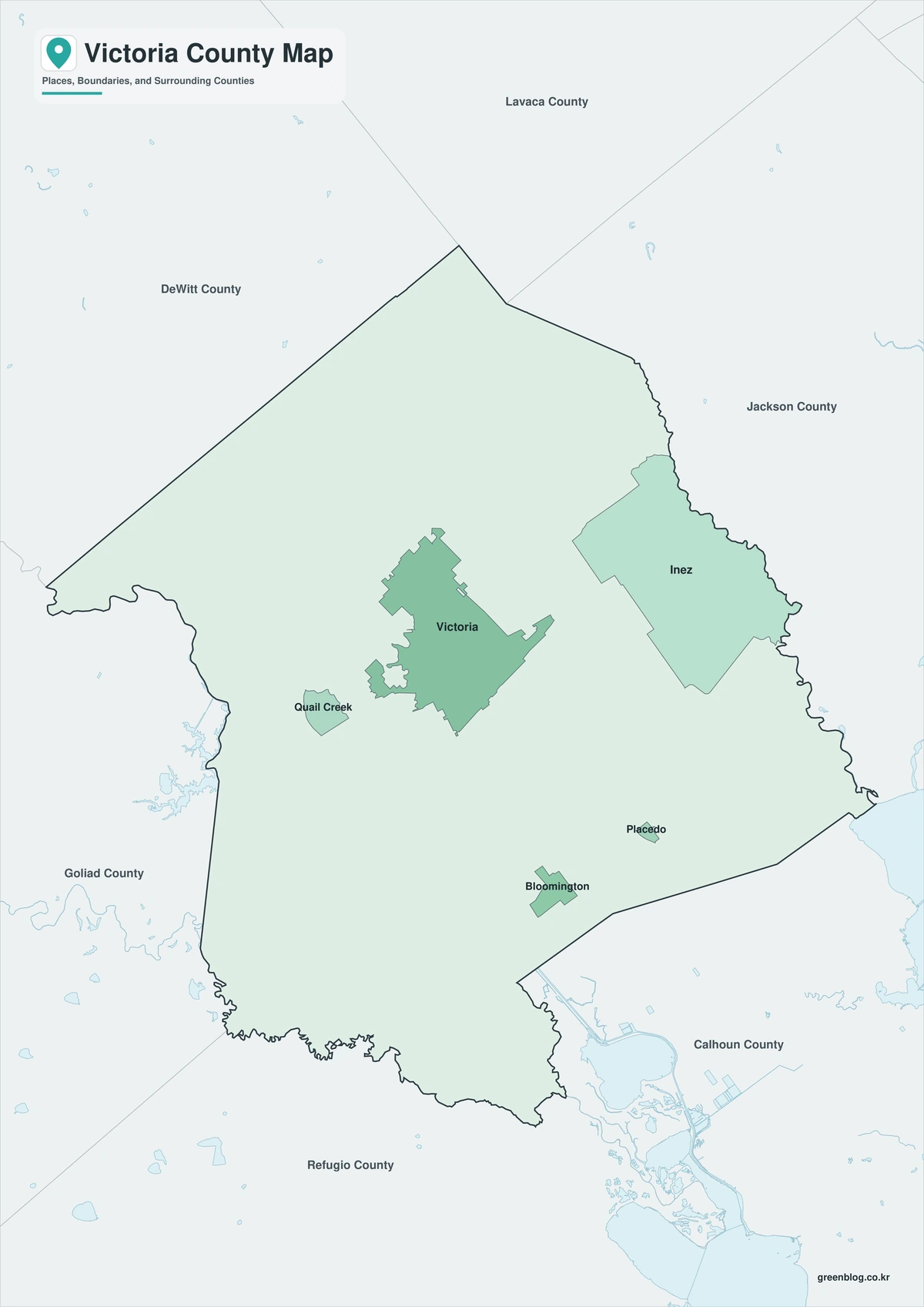 Color map of Victoria County Texas and neighboring counties