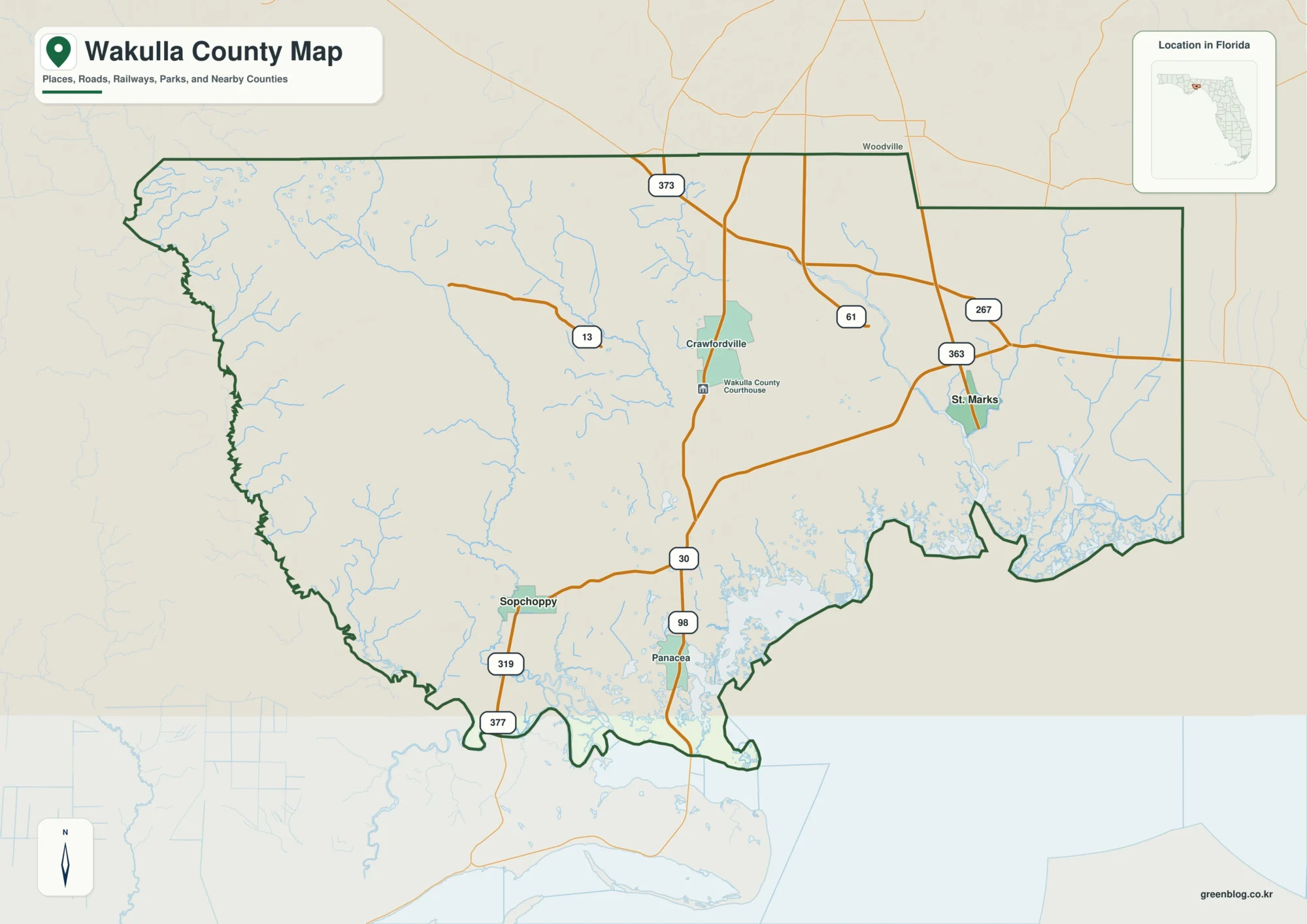 Wakulla County Florida map showing Crawfordville, St. Marks, Sopchoppy