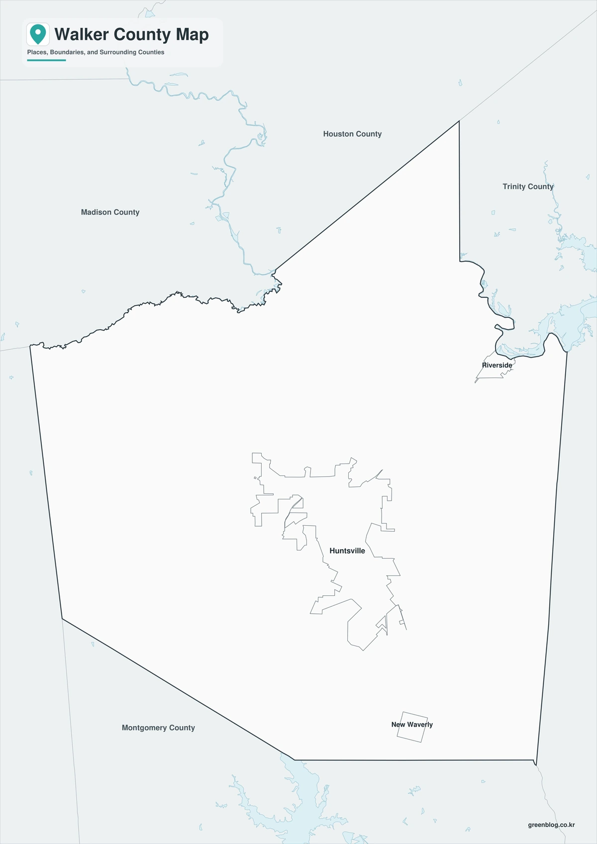 Black-and-white Walker County map with selected place labels