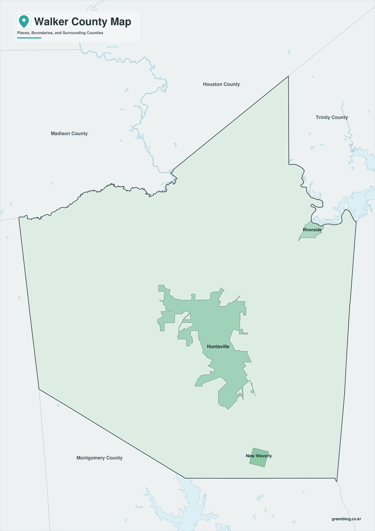 Walker County Texas map with color black-and-white and outline versions