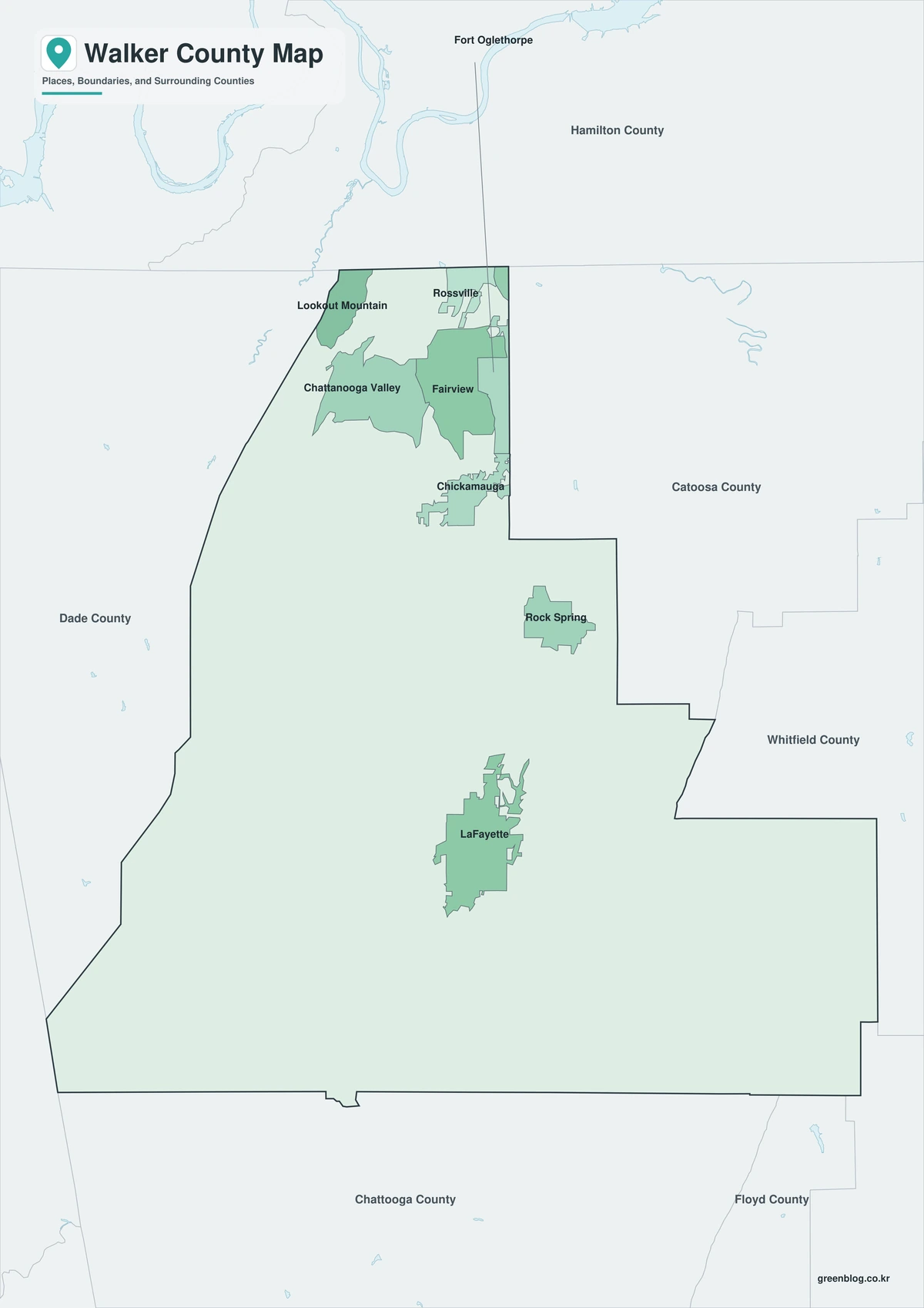 Walker County color map with selected place labels