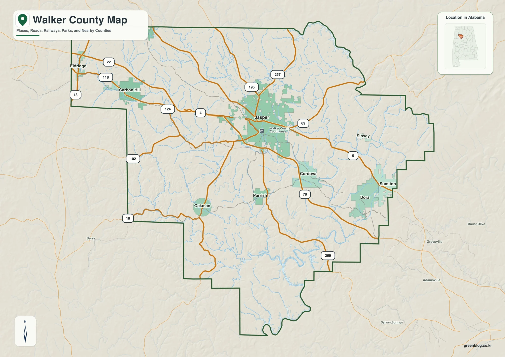 Walker County Alabama map showing the county boundary and selected places