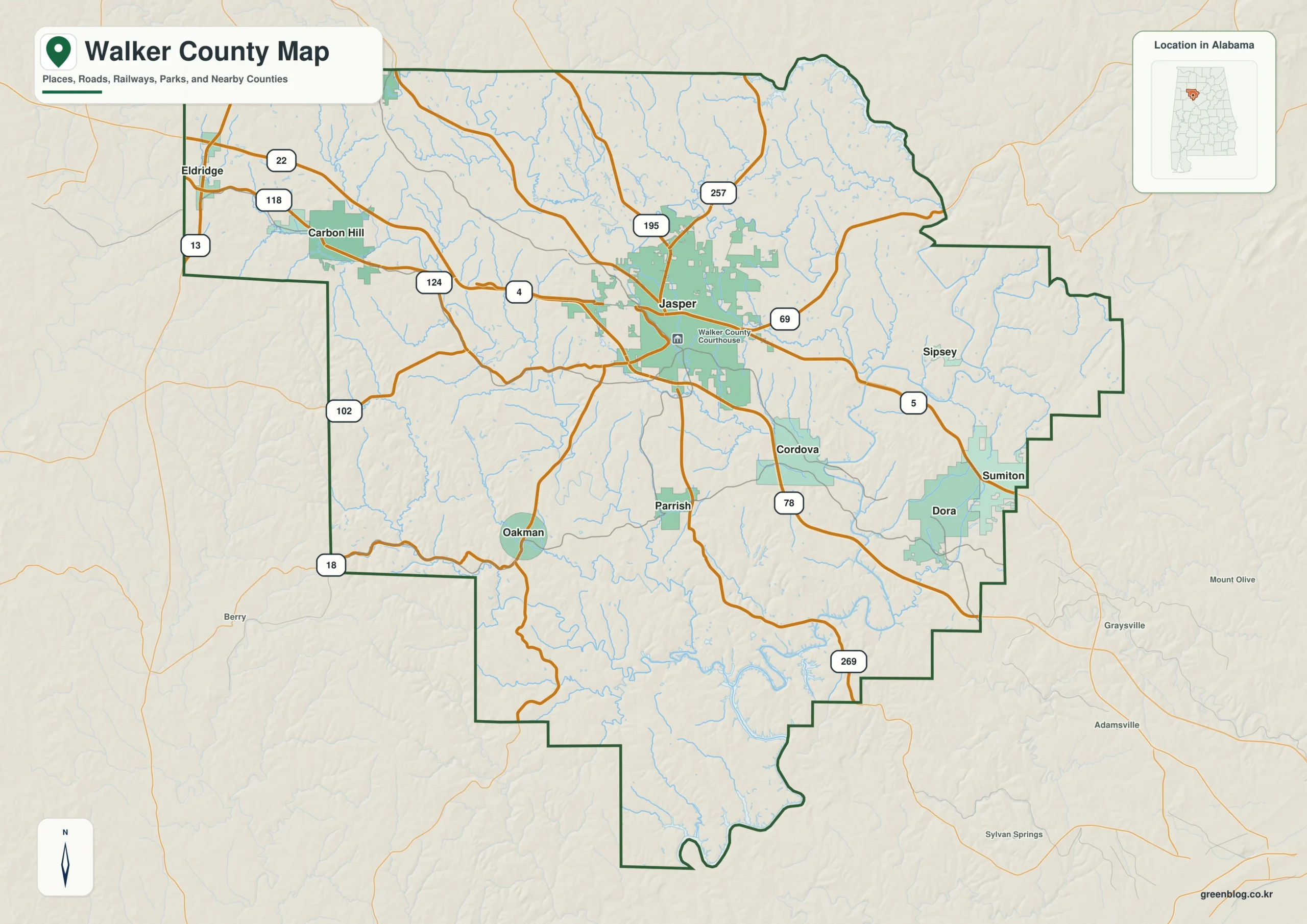 Walker County Alabama map showing the county boundary and selected places