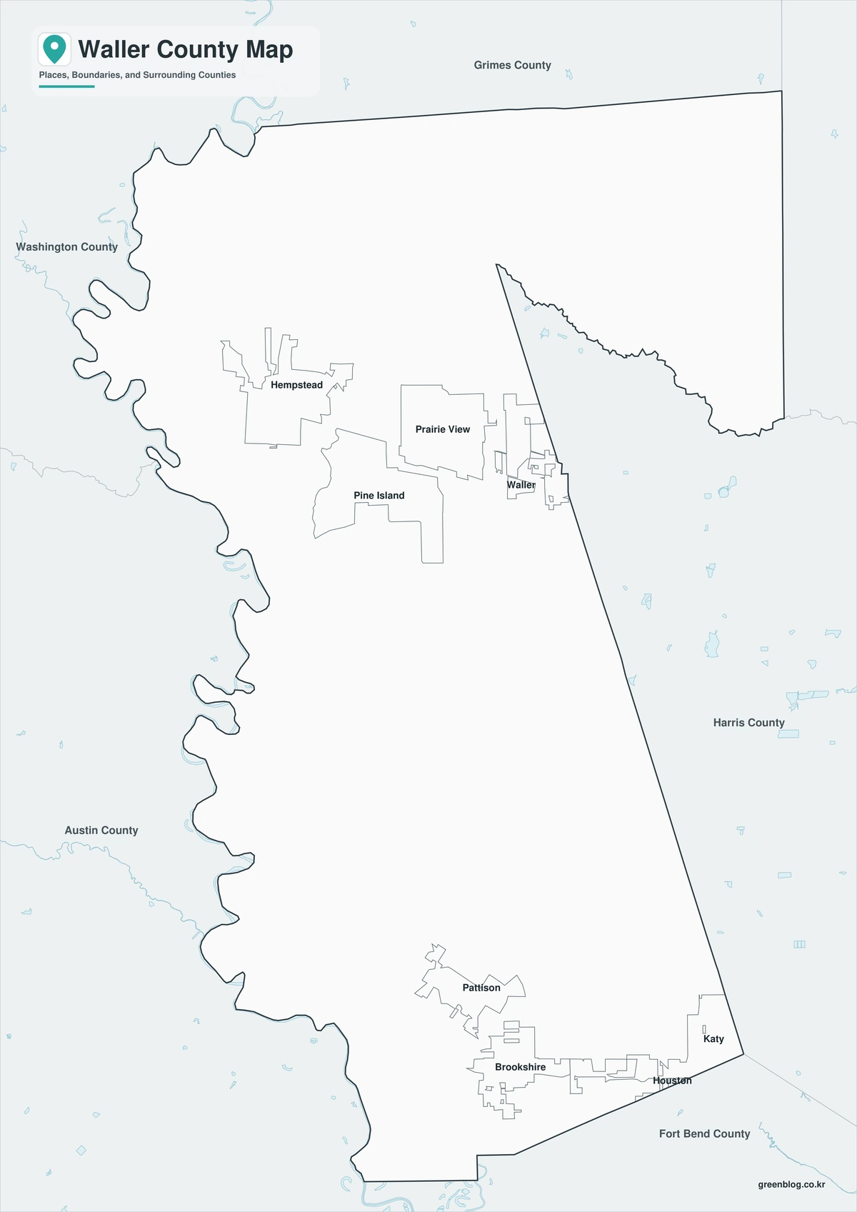 Black-and-white Waller County map with selected place labels