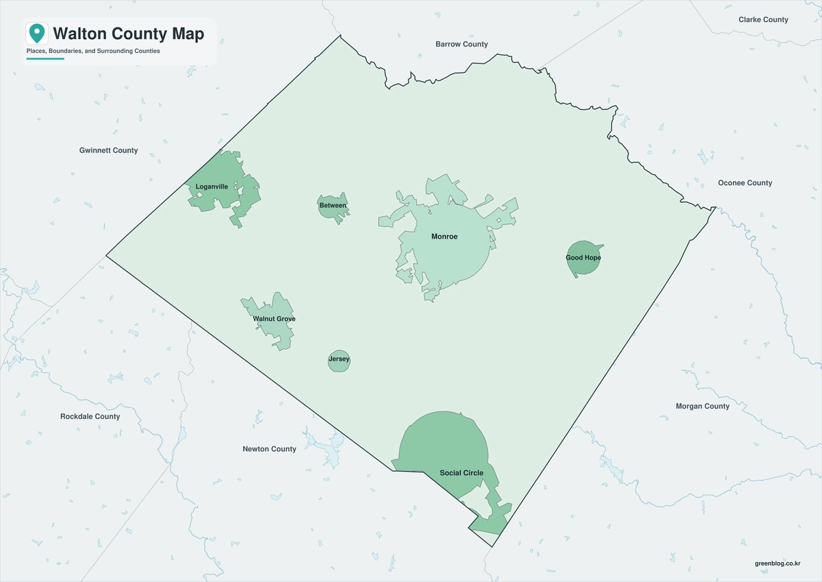 Walton County Georgia map preview in color, black and white, and outline versions