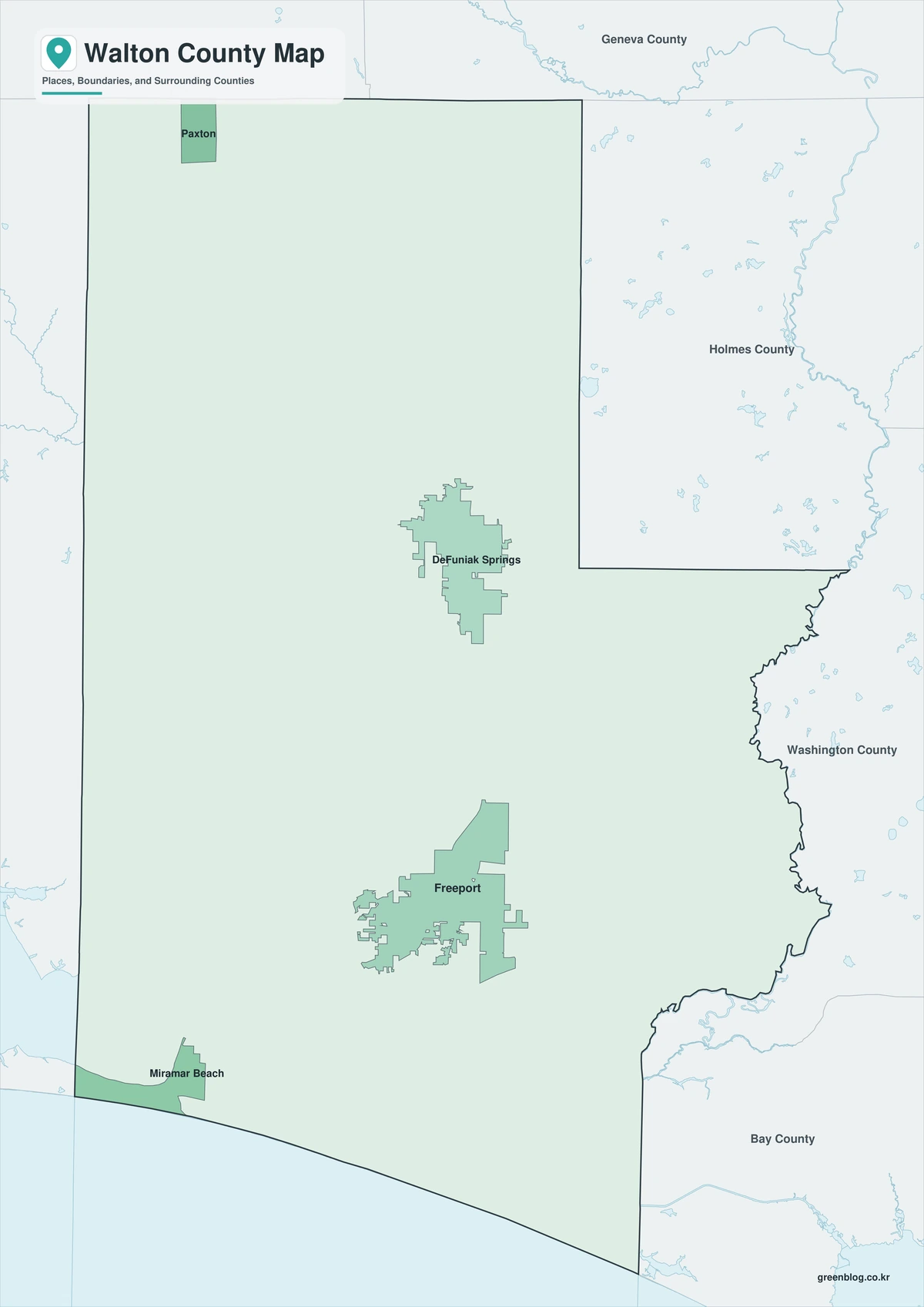 Color map of Walton County Florida and neighboring counties