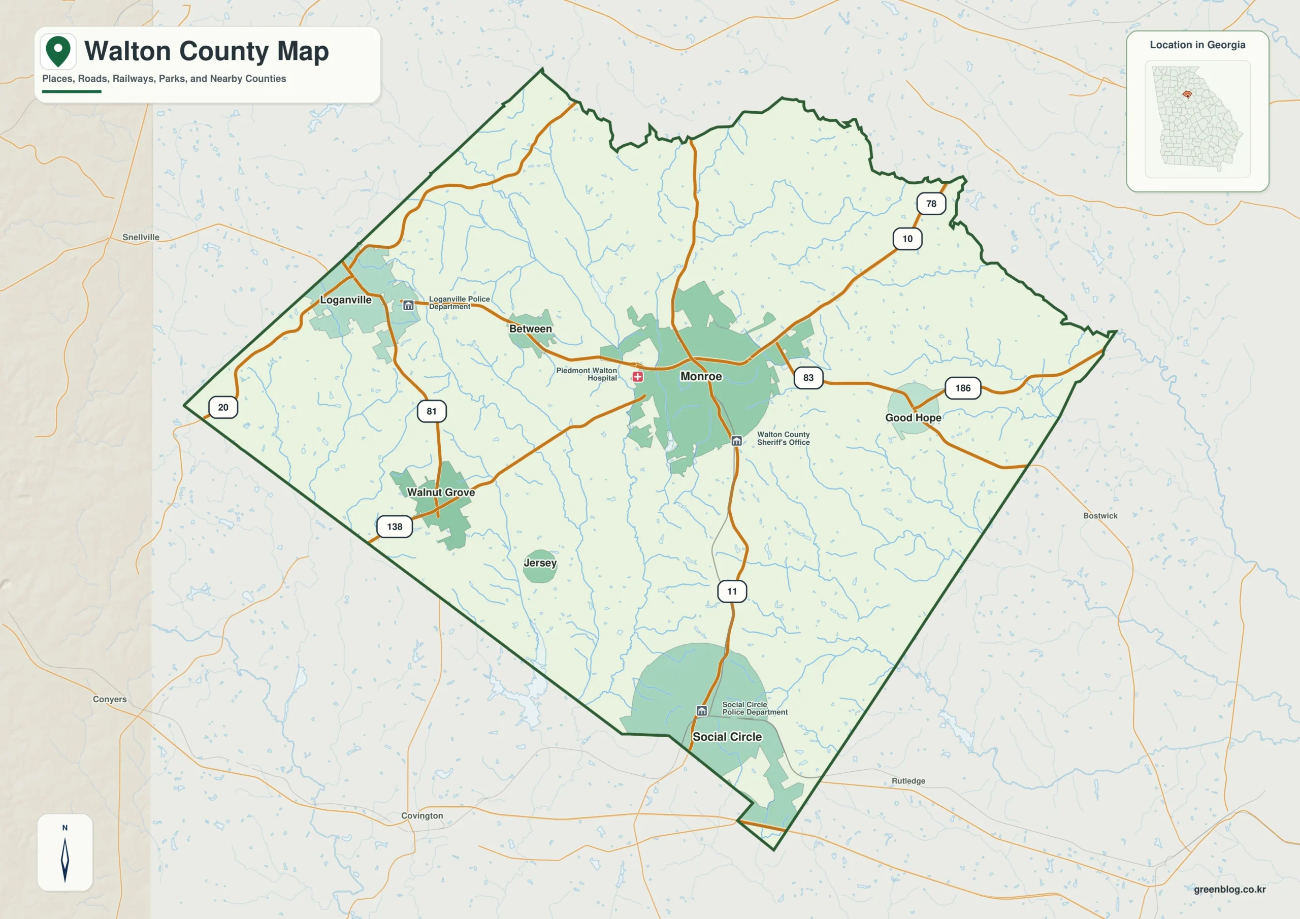 Walton County Georgia map showing the county boundary and selected places