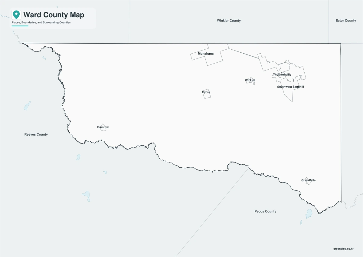 Black-and-white Ward County map with selected place labels