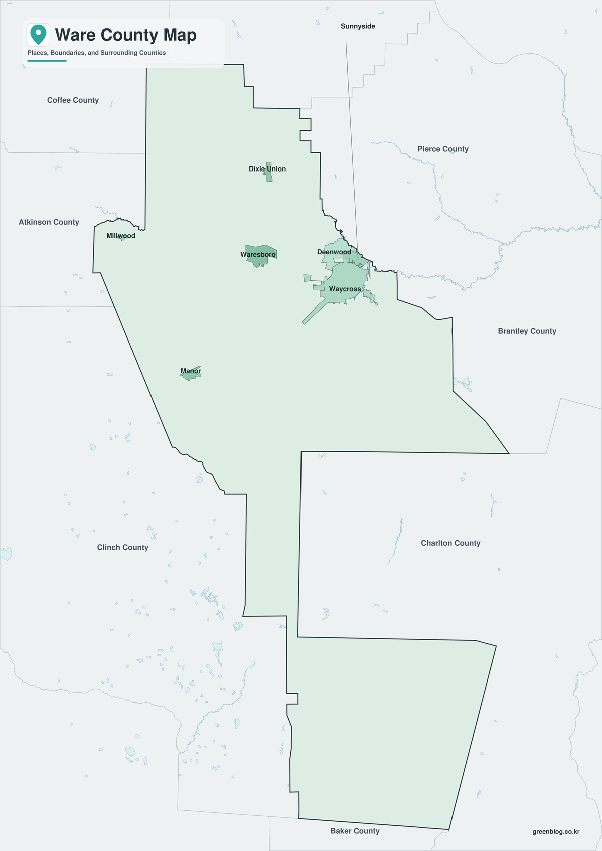 Ware County Georgia map preview in color, black and white, and outline versions