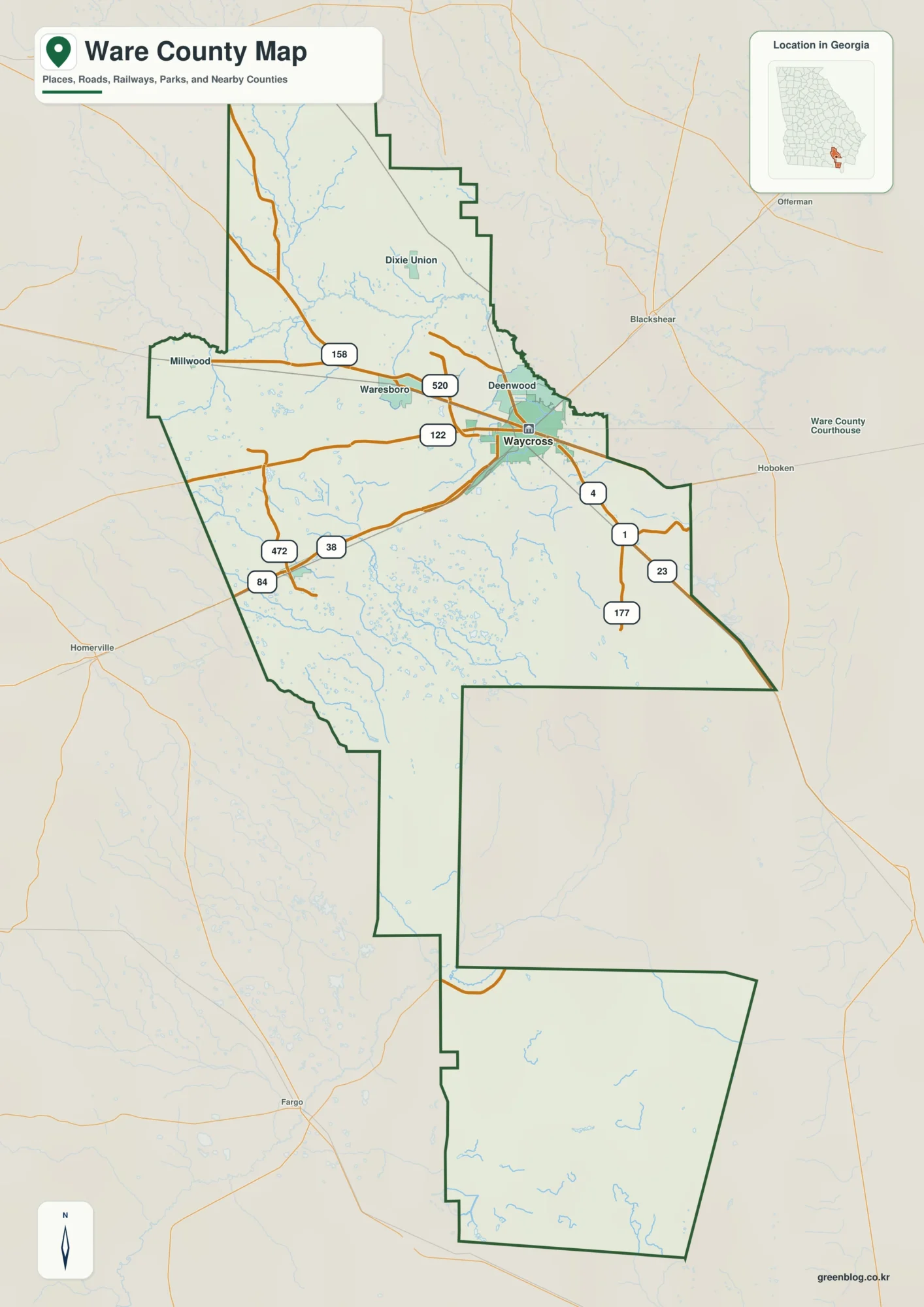 Ware County Georgia map showing the county boundary and selected places