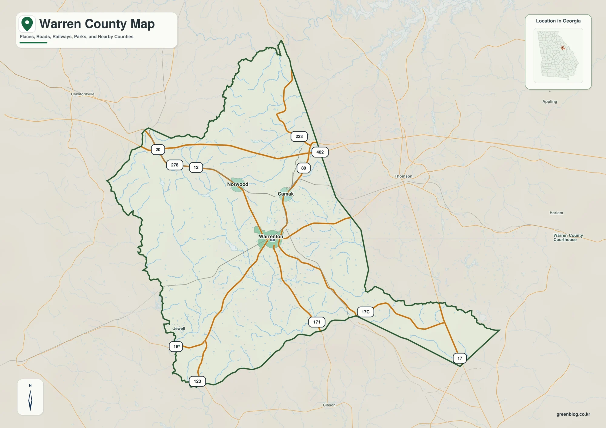 Warren County Georgia map showing the county boundary and selected places