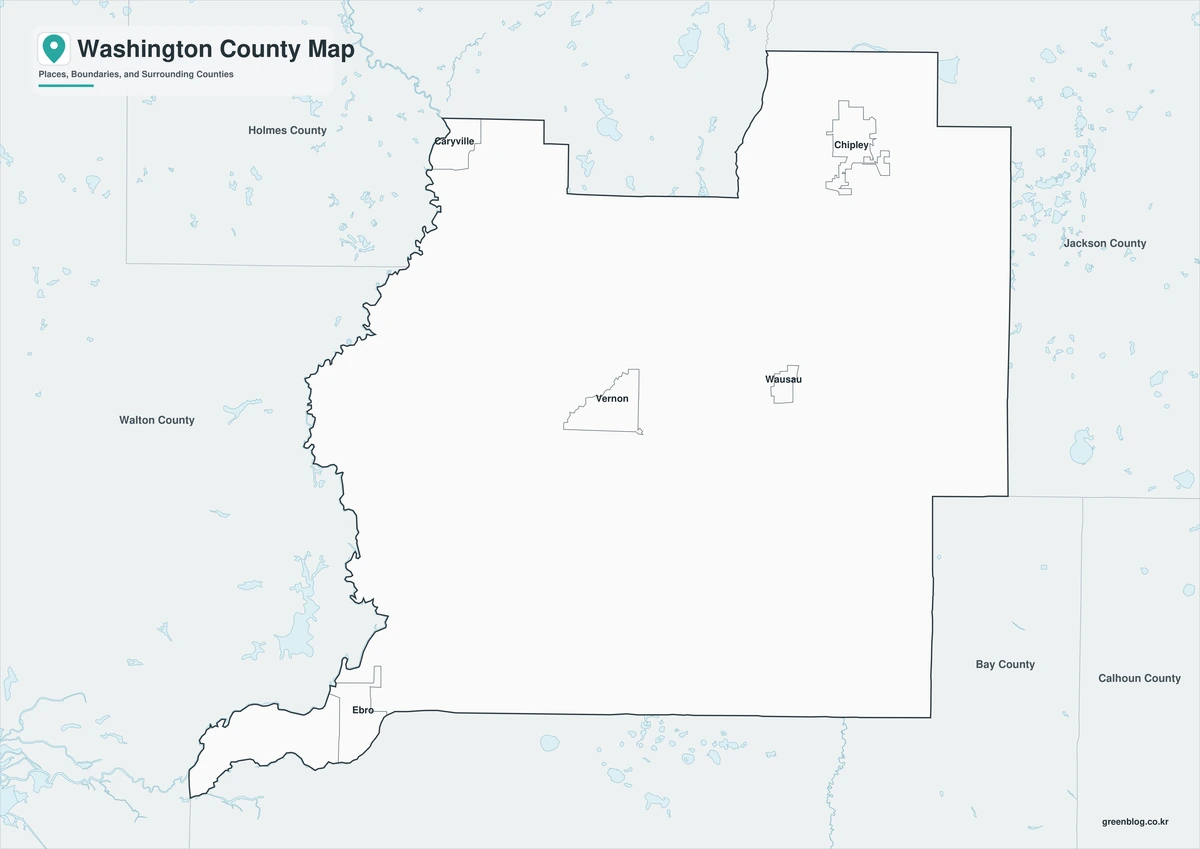Black-and-white Washington County map with selected place labels