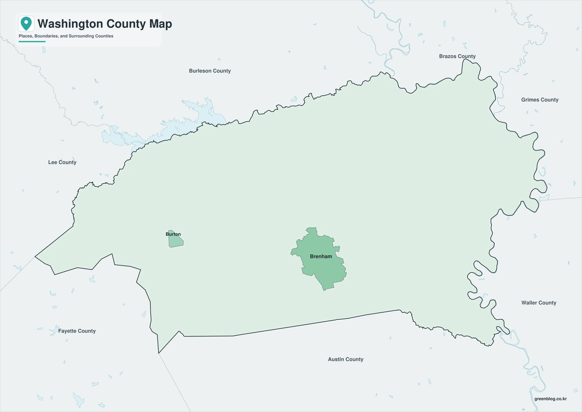 Color map of Washington County Texas and neighboring counties