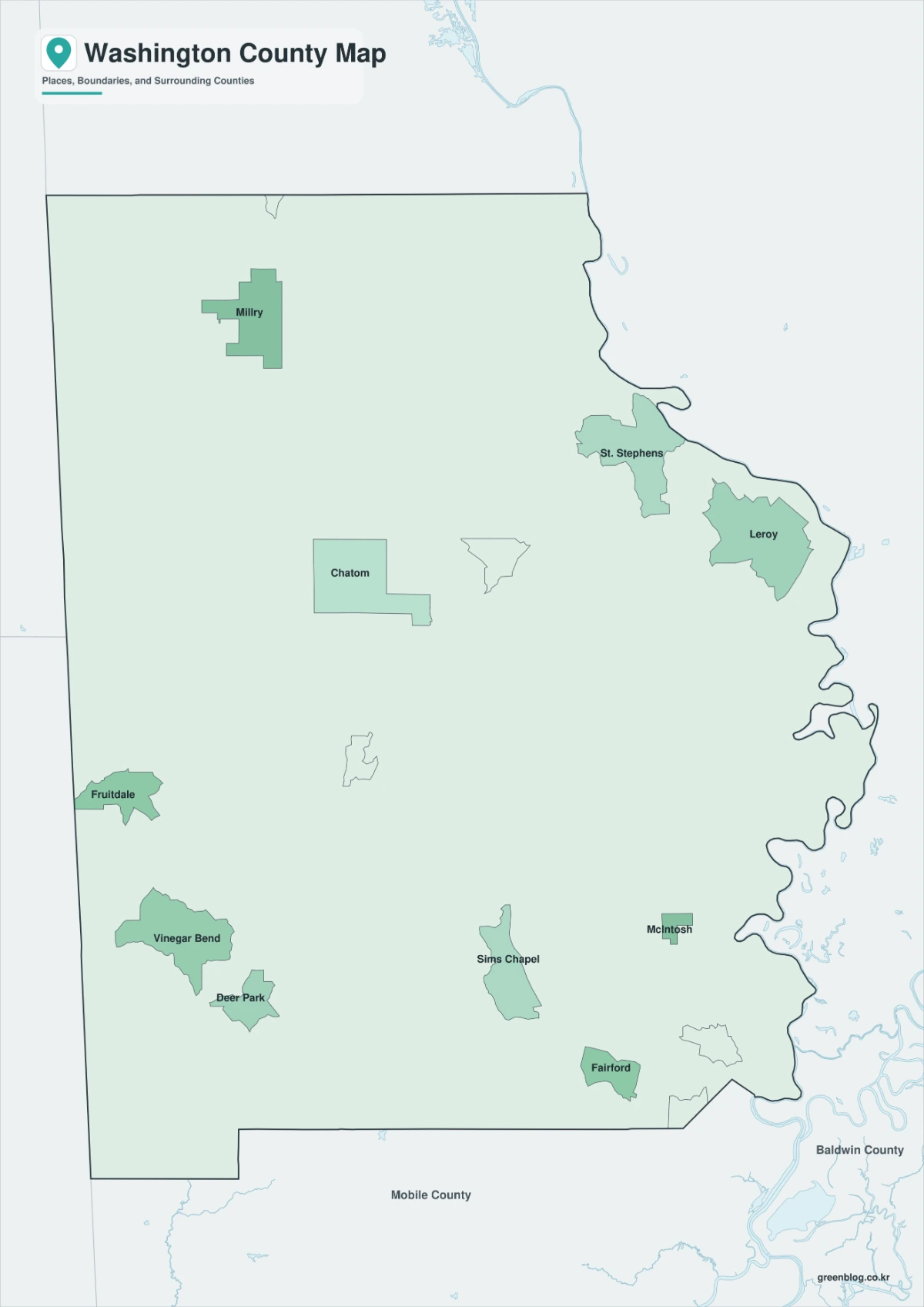 Washington County map featuring color, black-and-white, and outline versions