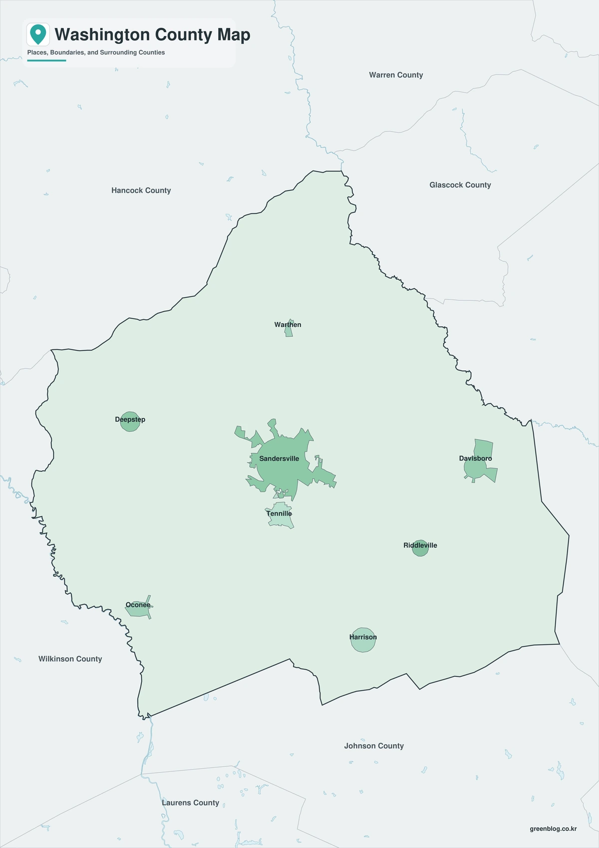 Washington County Georgia map preview in color, black and white, and outline versions