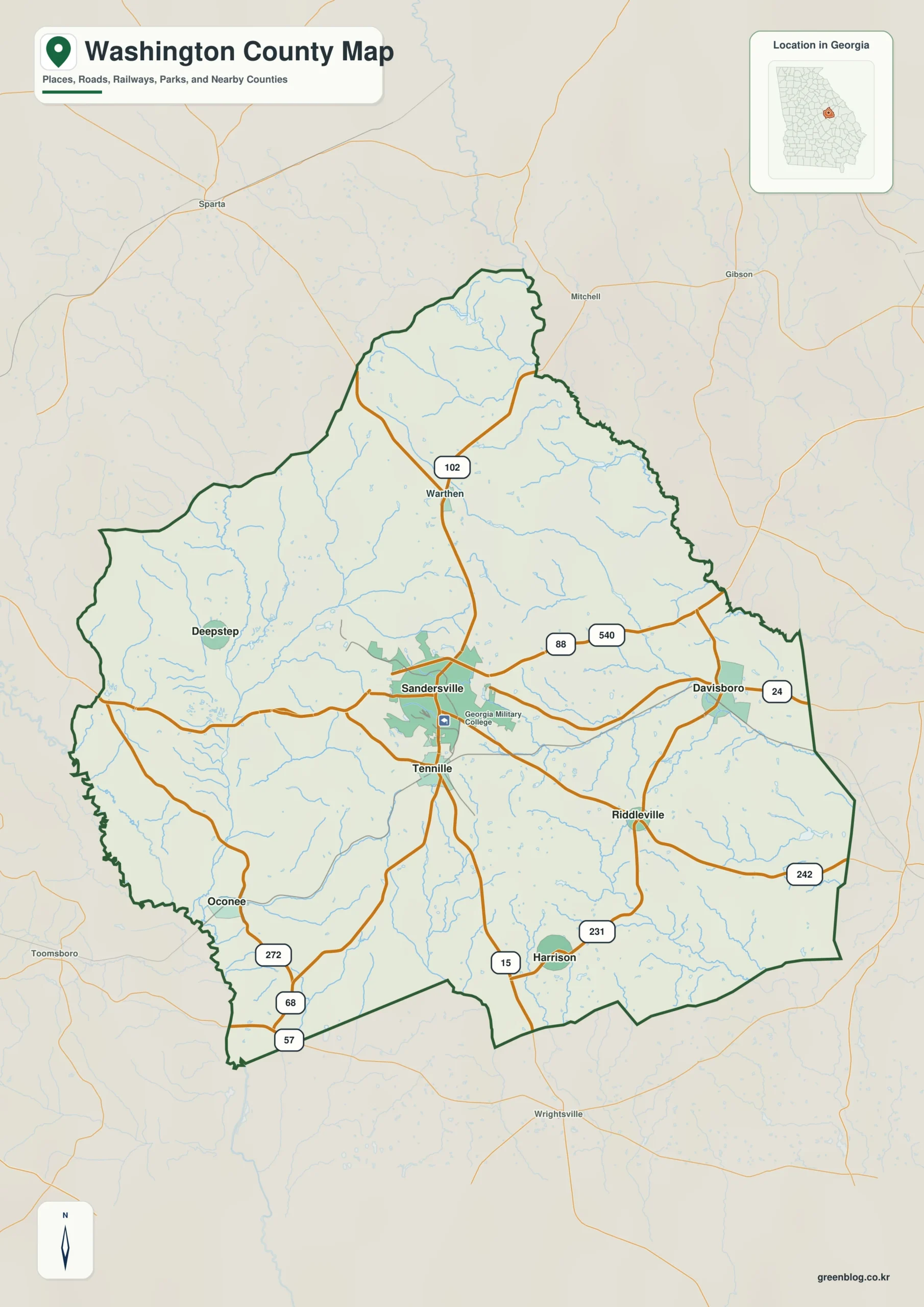 Washington County Georgia map showing the county boundary and selected places