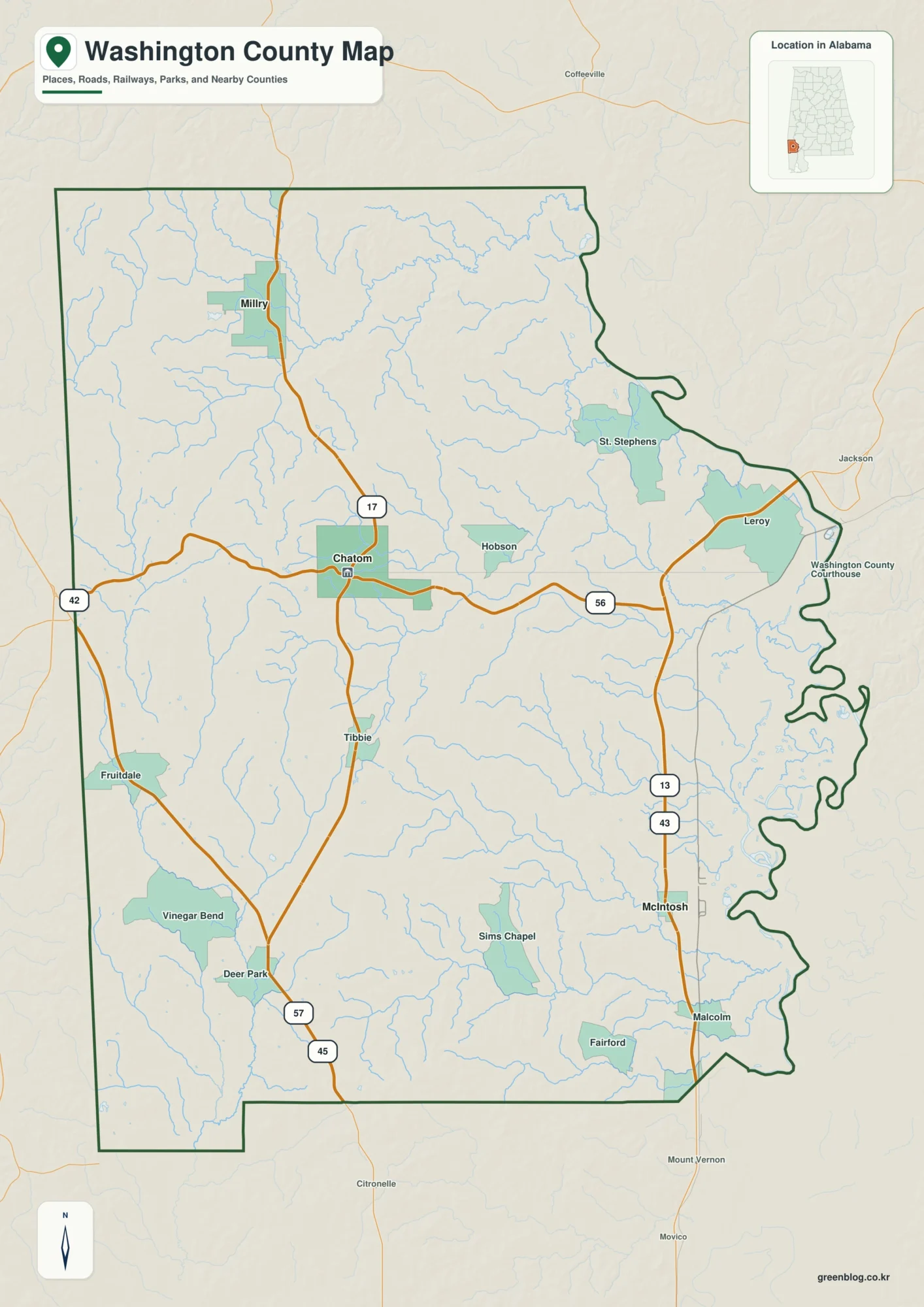 Washington County Alabama map showing the county boundary and selected places