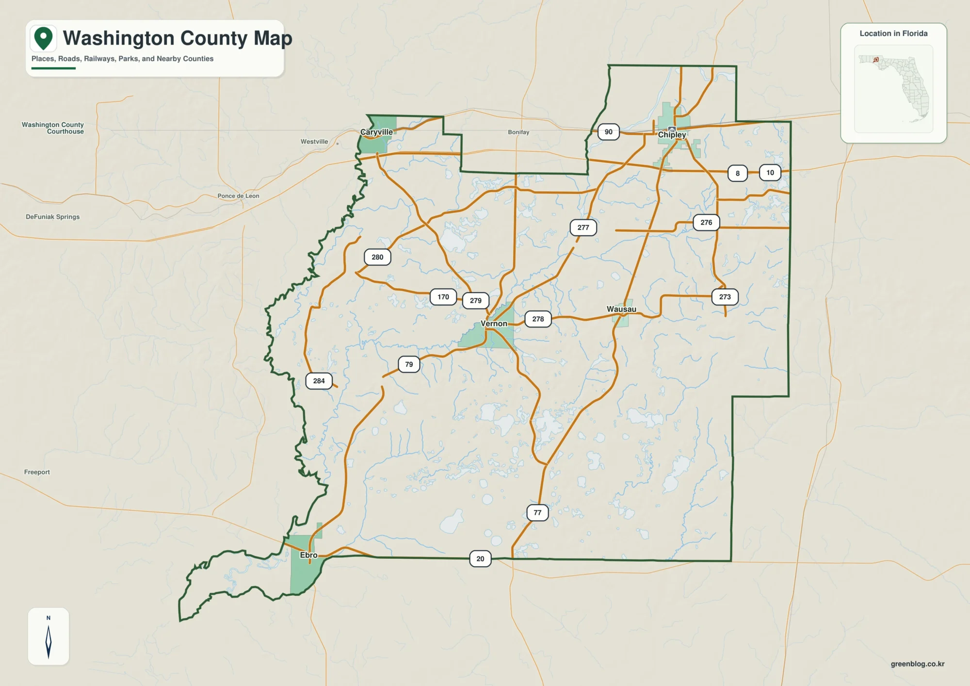 Washington County Florida map showing Chipley, Vernon, Caryville
