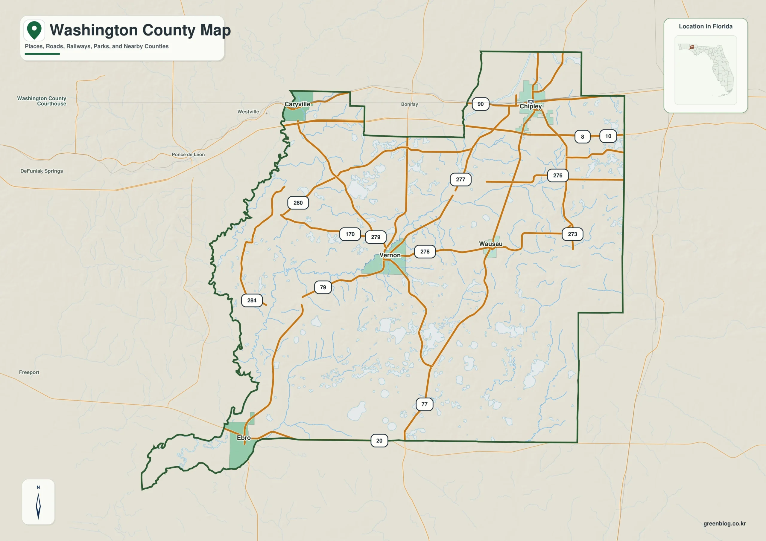 Washington County Florida map showing Chipley, Vernon, Caryville
