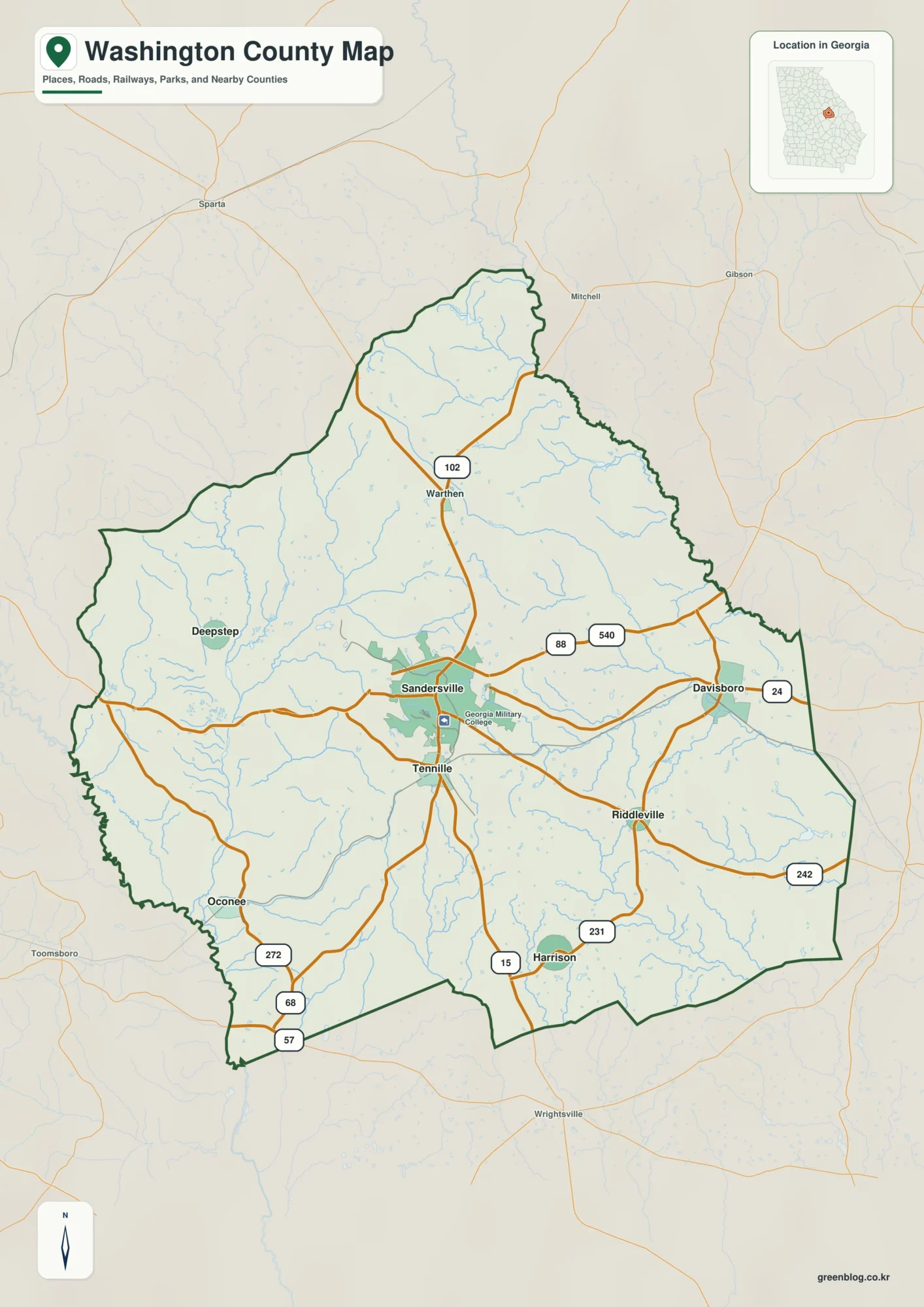 워싱턴 카운티 Washington County 조지아 지도에 표시된 카운티 경계와 주요 지명