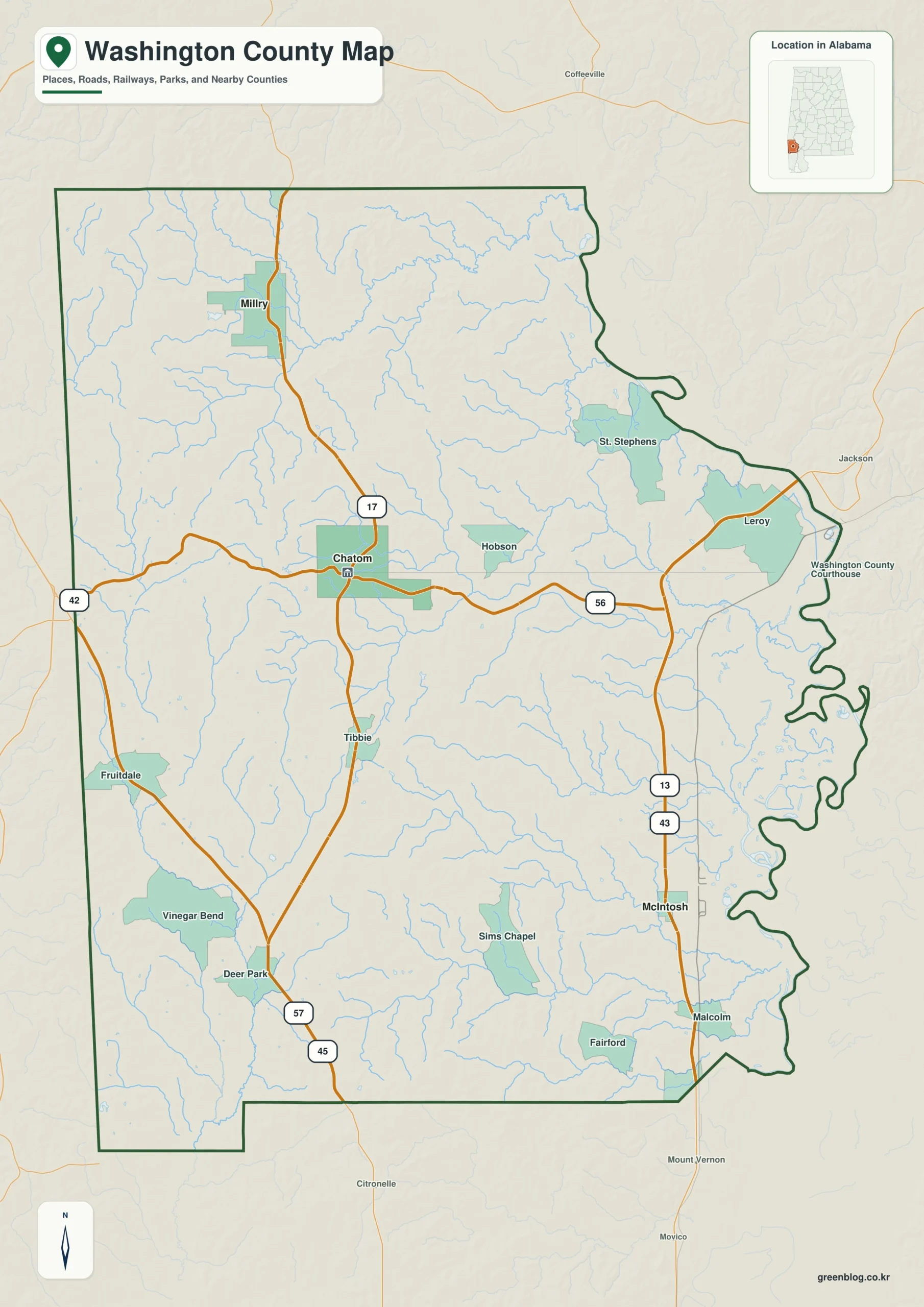 워싱턴 카운티 Washington County 앨라배마 지도에서 카운티 경계와 주요 지명을 확인하는 지도