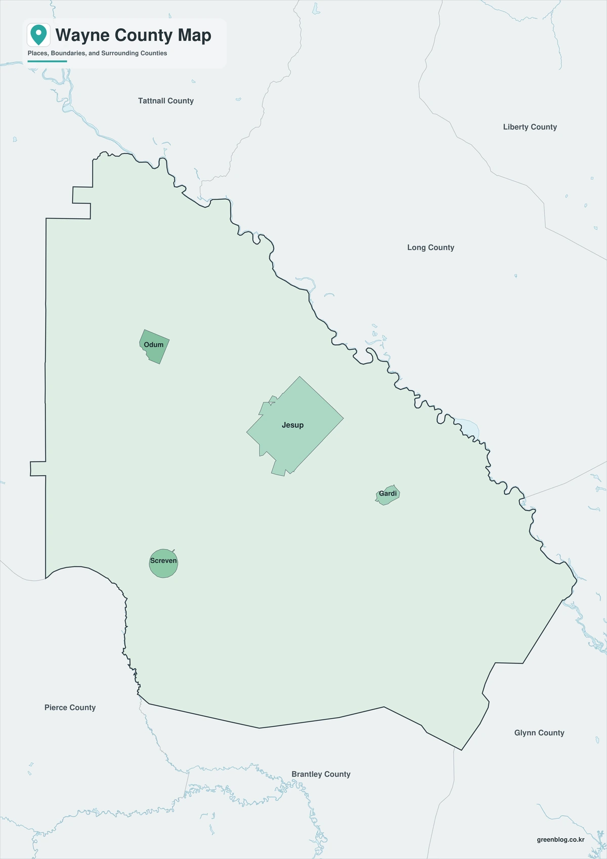 Color map of Wayne County Georgia and surrounding counties