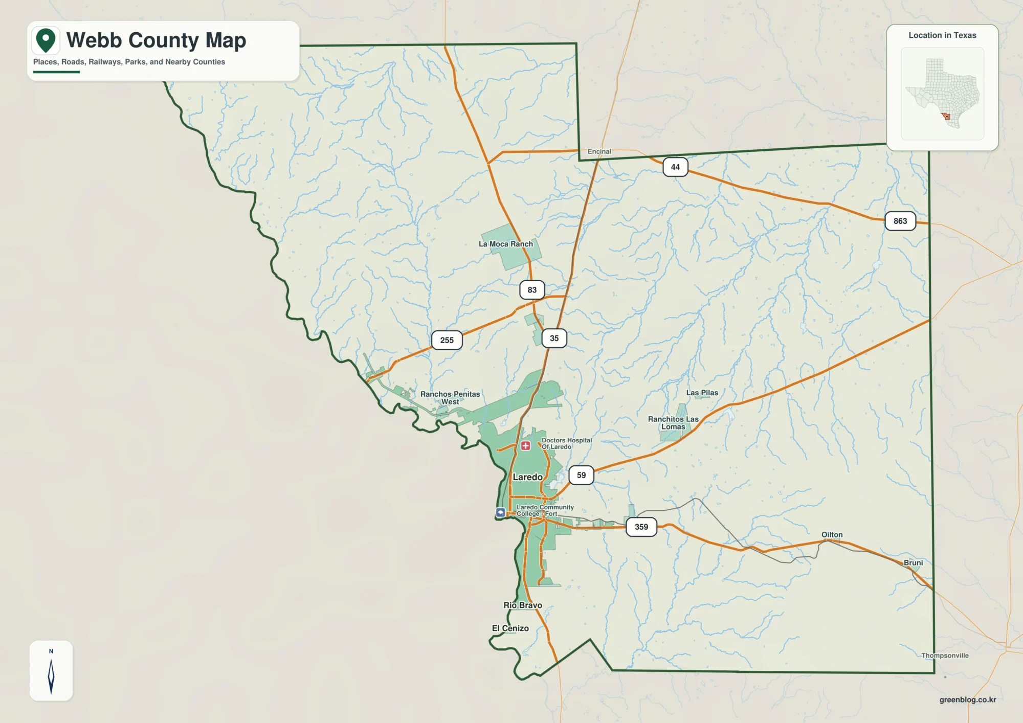 Webb County Texas map showing Laredo, Rio Bravo, El Cenizo