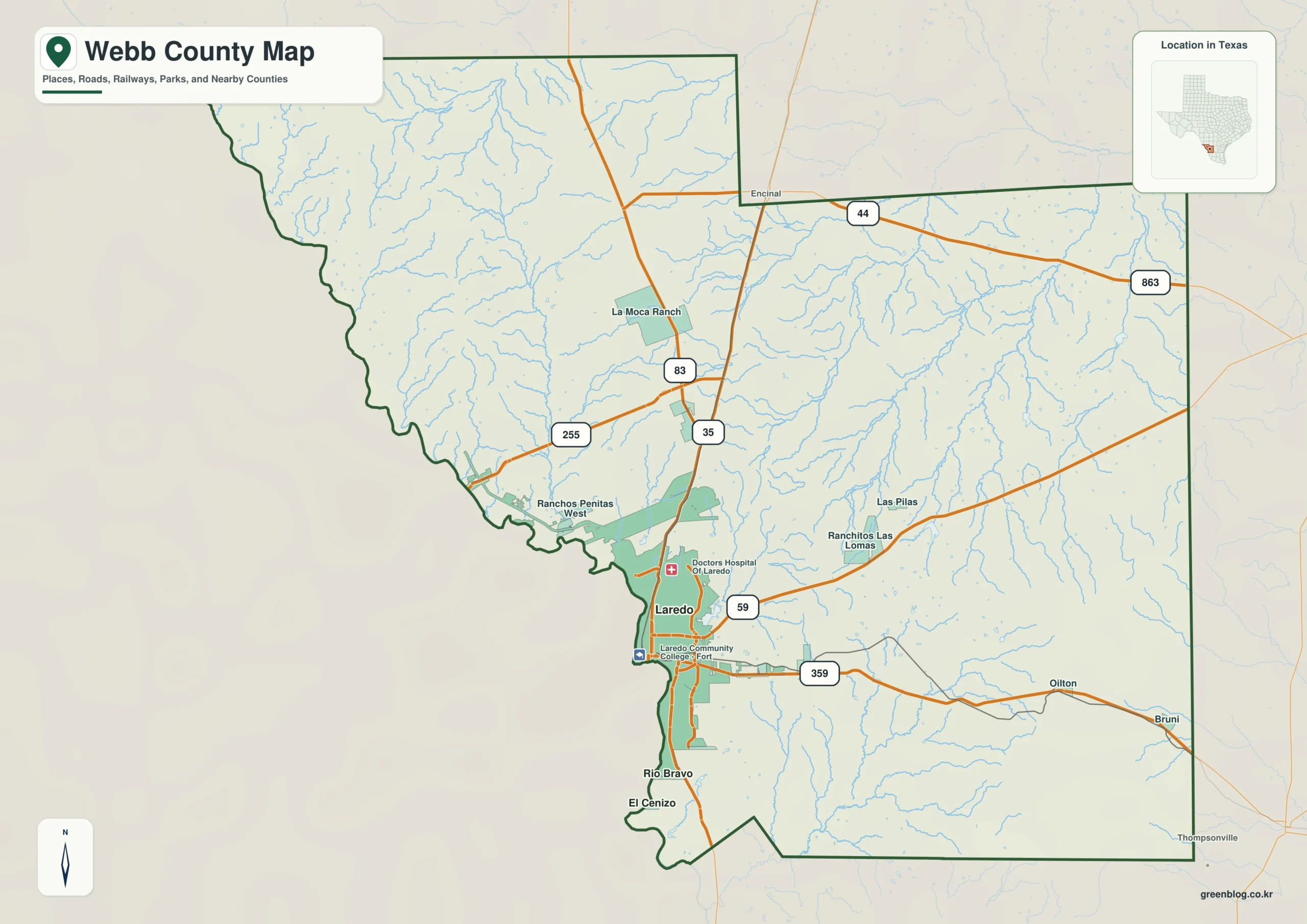 Webb County Texas map showing Laredo, Rio Bravo, El Cenizo