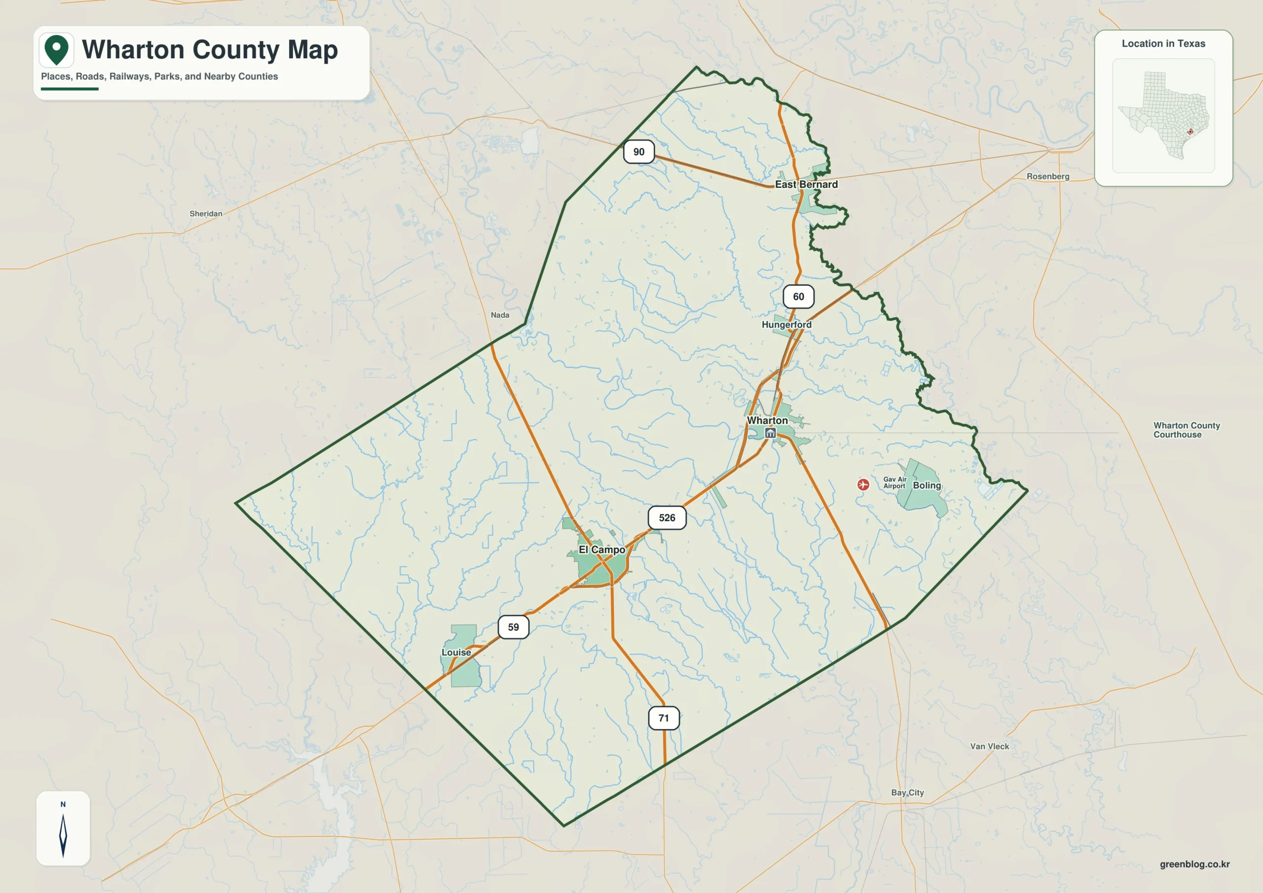 Wharton County Texas map showing Wharton, El Campo, East Bernard