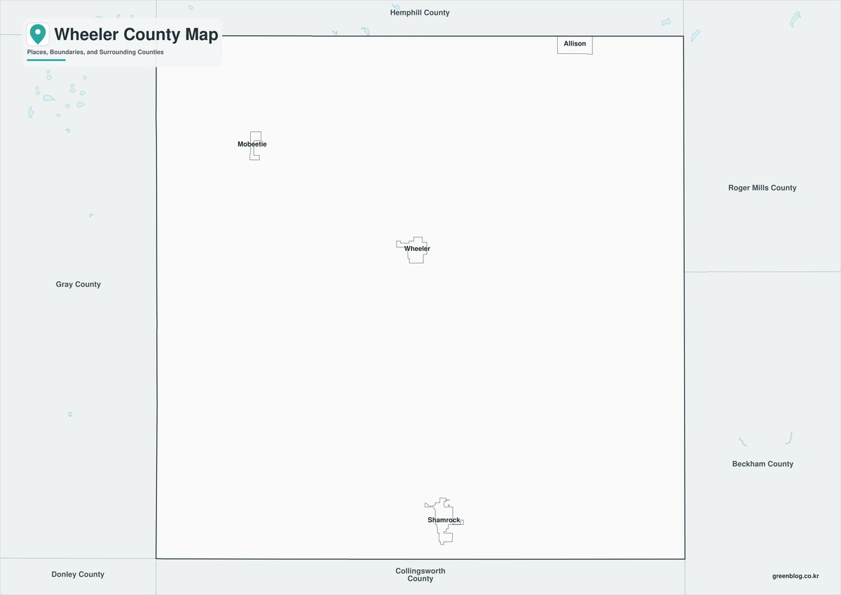 Black-and-white Wheeler County map with selected place labels