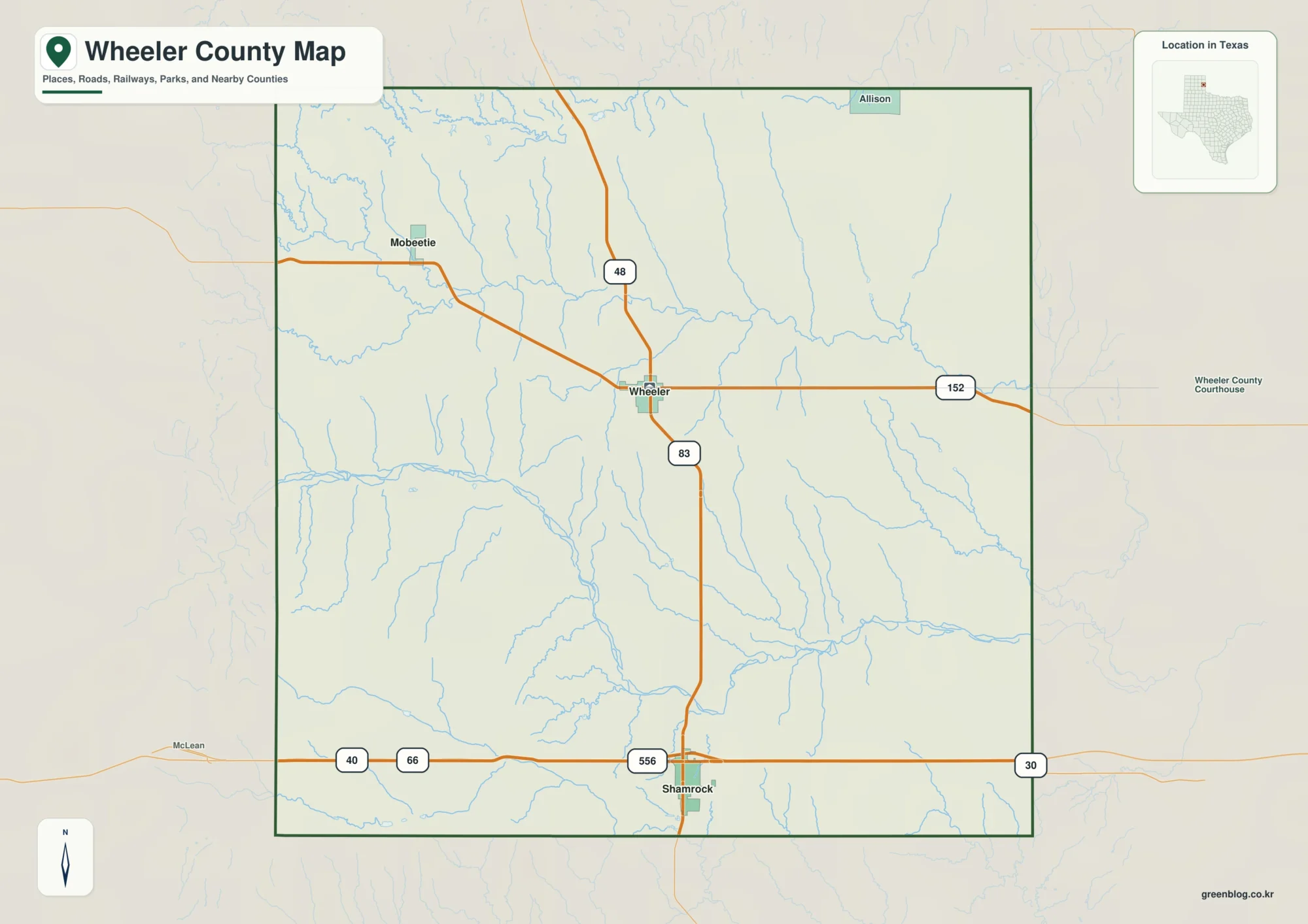 Wheeler County Texas map showing Wheeler, Shamrock, Mobeetie