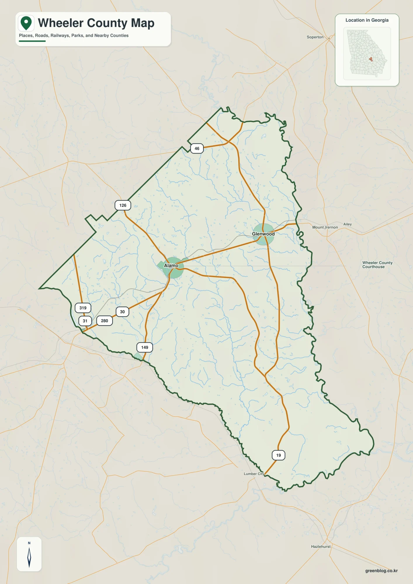 Wheeler County Georgia map showing the county boundary and selected places