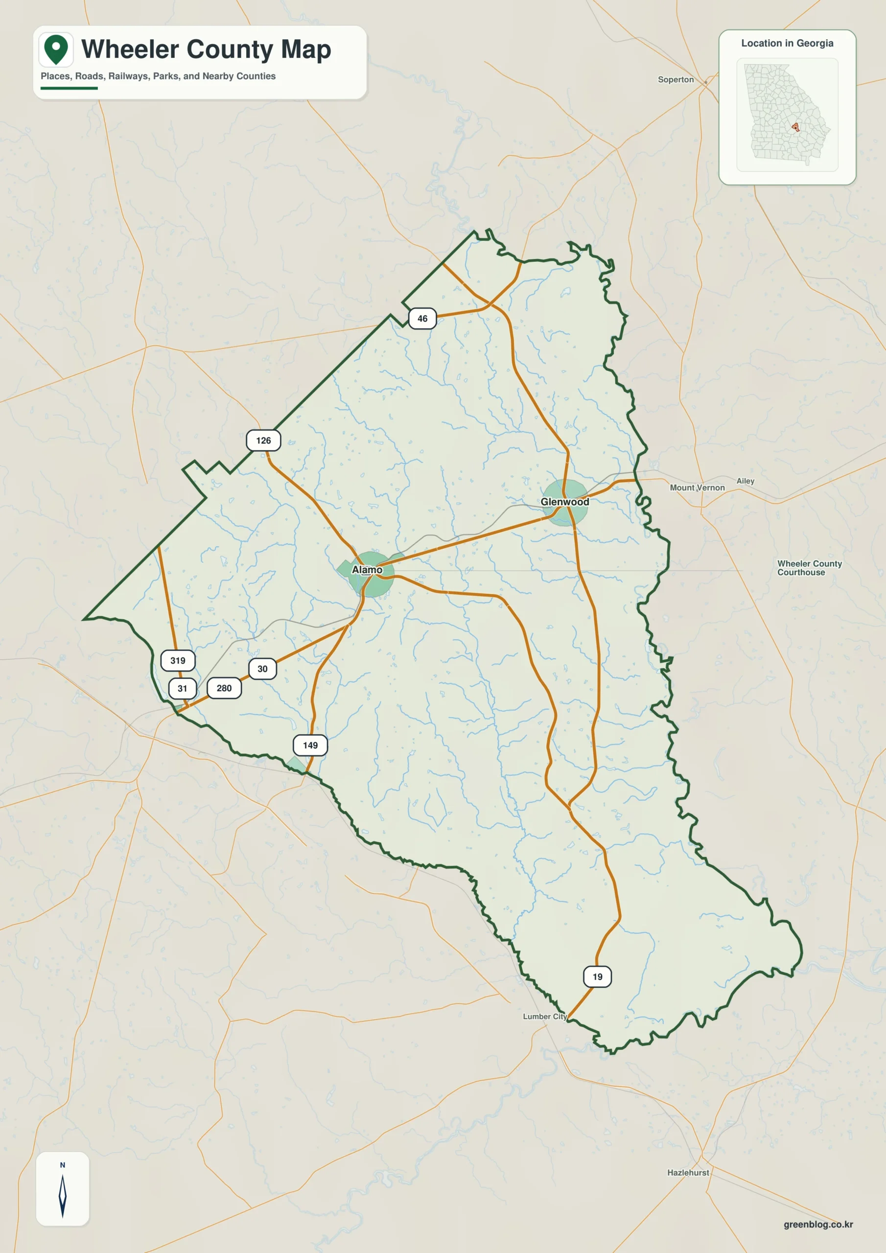 휠러 카운티 Wheeler County 조지아 지도에 표시된 카운티 경계와 주요 지명