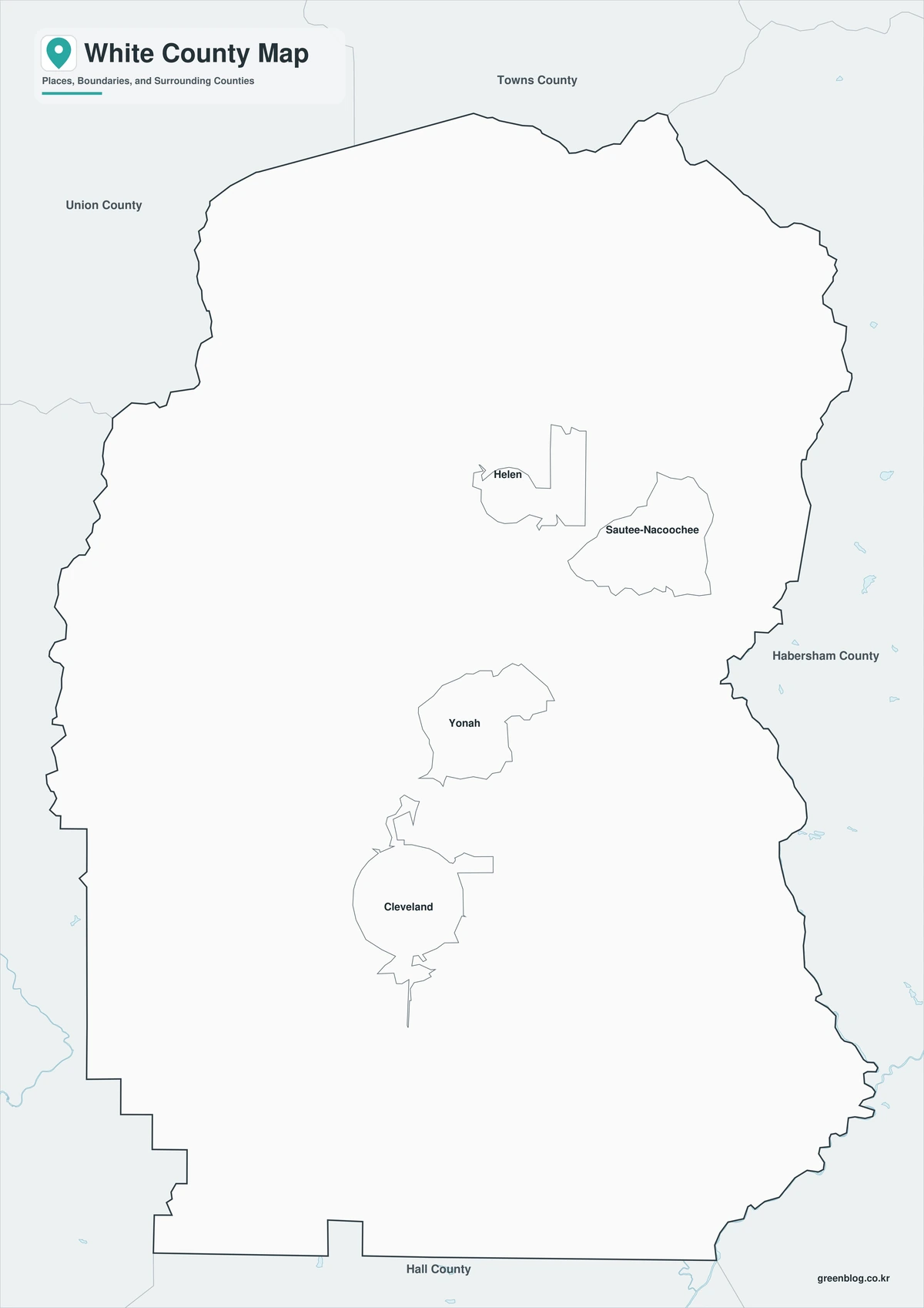 Black-and-white White County map with selected place labels