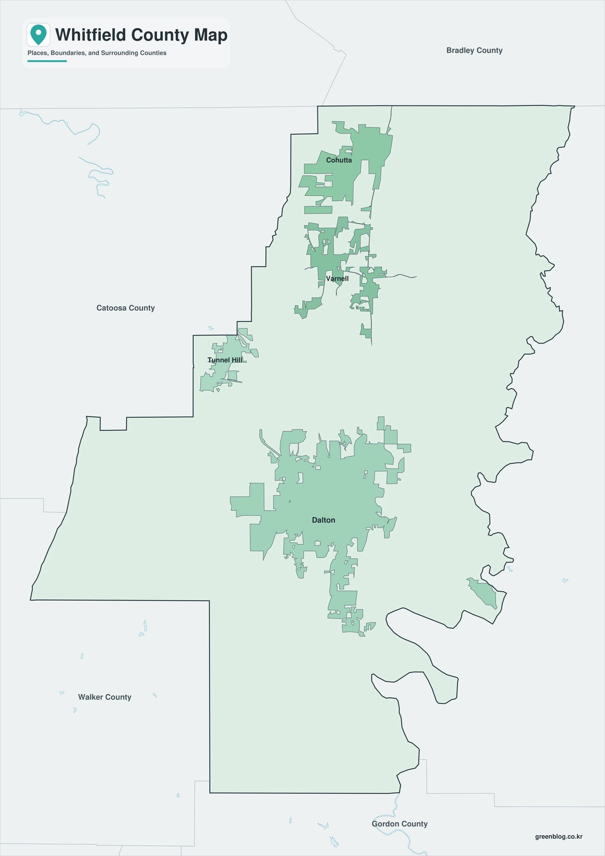 Color map of Whitfield County Georgia and surrounding counties