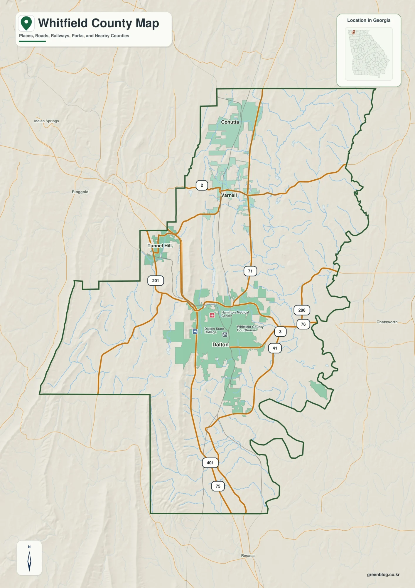 휘트필드 카운티 Whitfield County 조지아 지도에 표시된 카운티 경계와 주요 지명