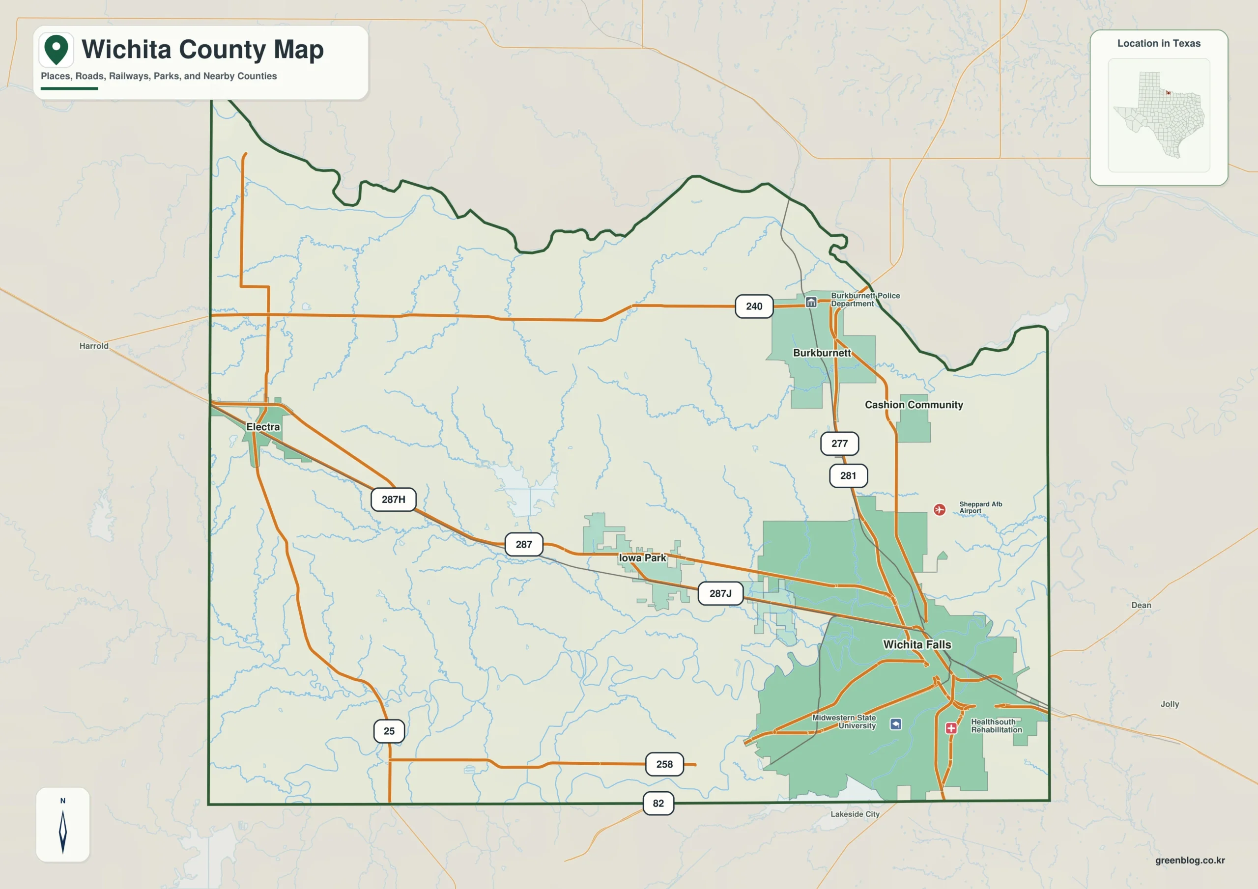 Wichita County Texas map showing Wichita Falls, Burkburnett, Iowa Park