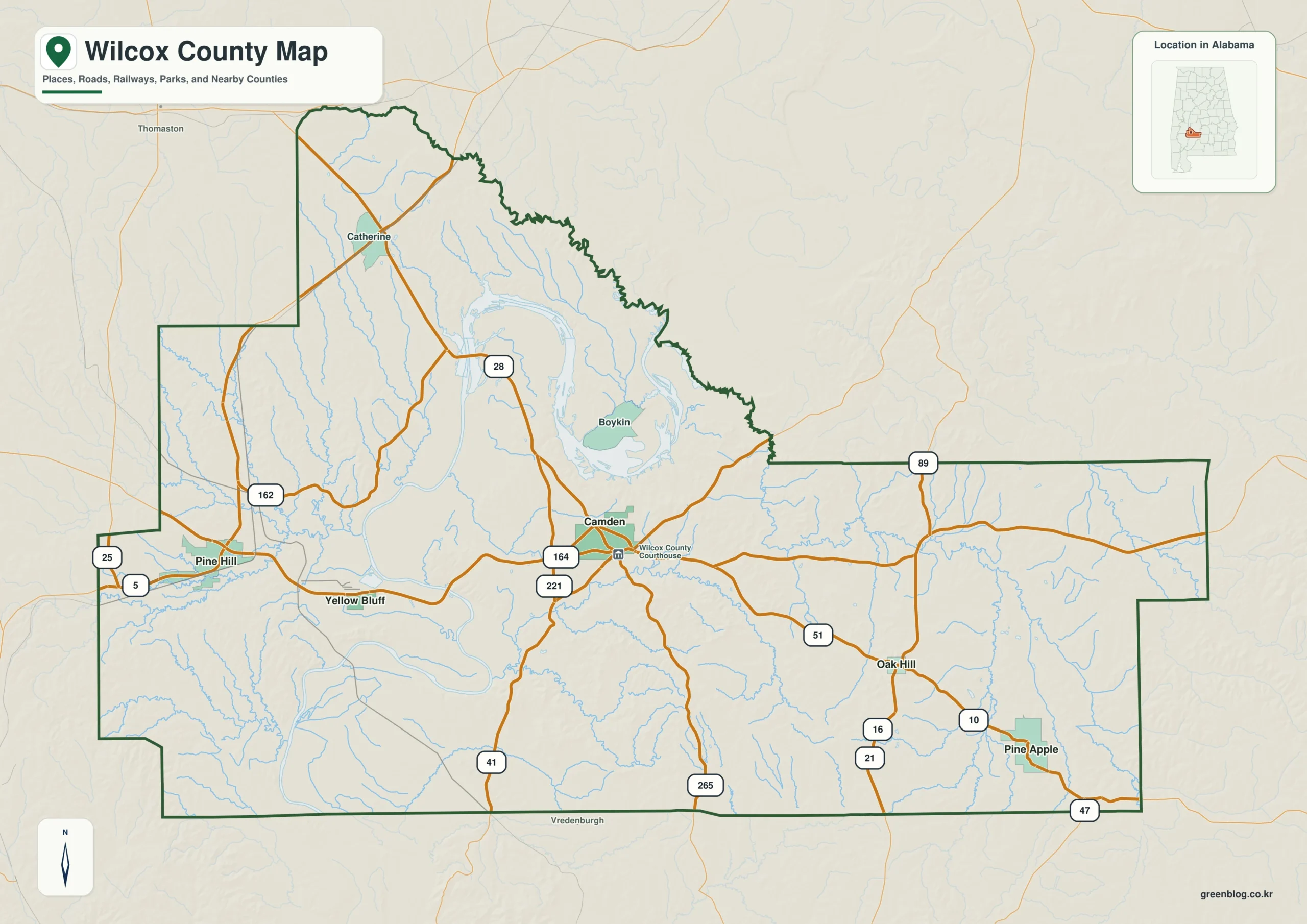Wilcox County Alabama map showing the county boundary and selected places