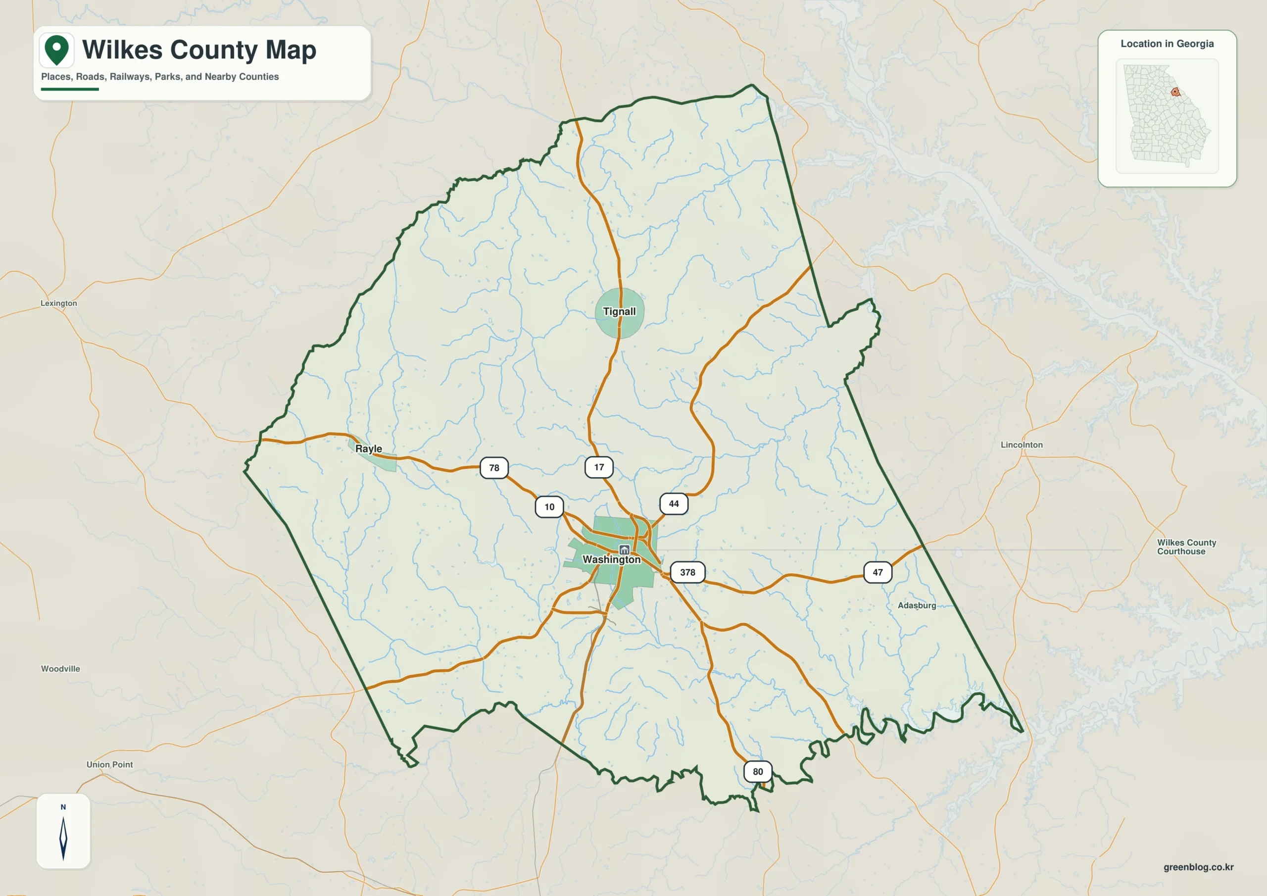 Wilkes County Georgia map showing the county boundary and selected places