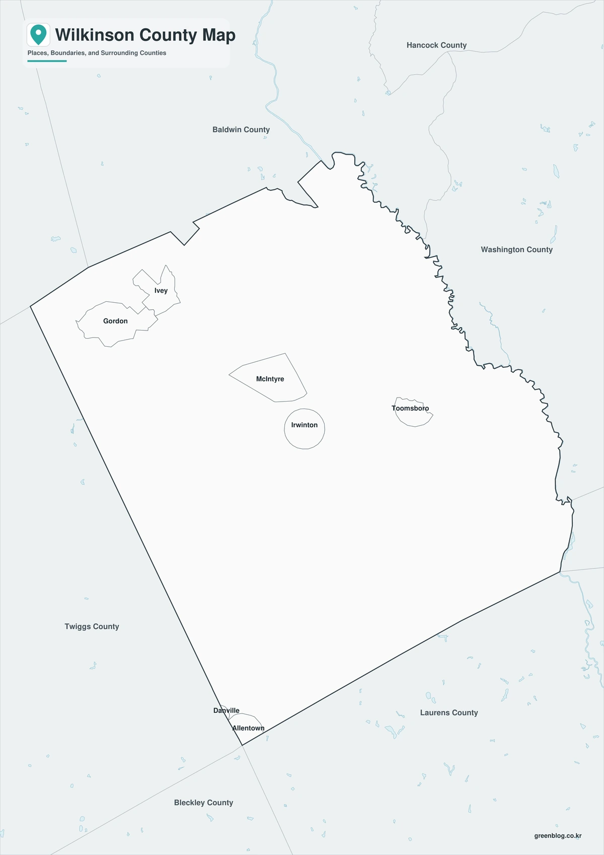 Black-and-white Wilkinson County map with selected place labels