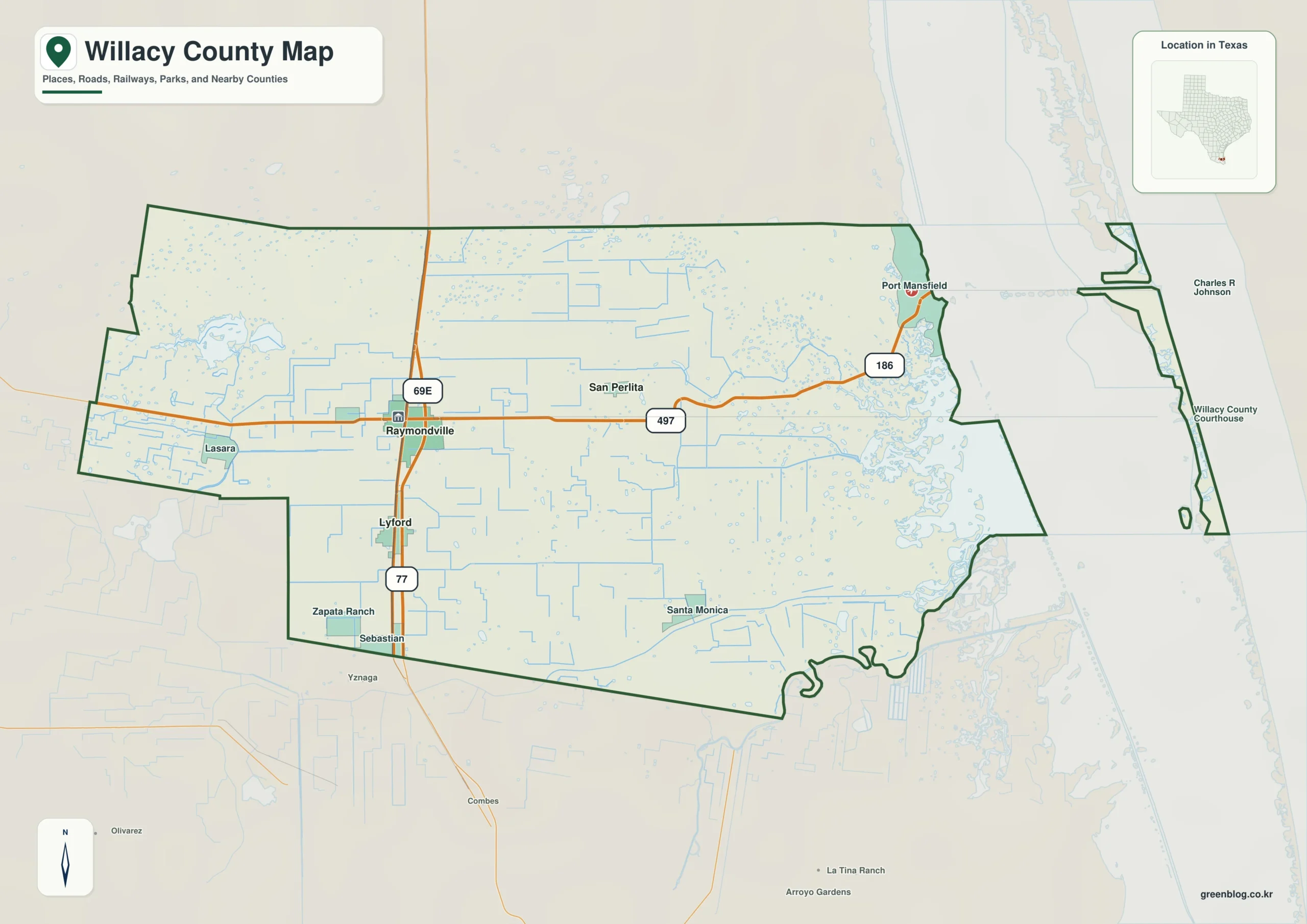 Willacy County Texas map showing Raymondville, Lyford, Sebastian