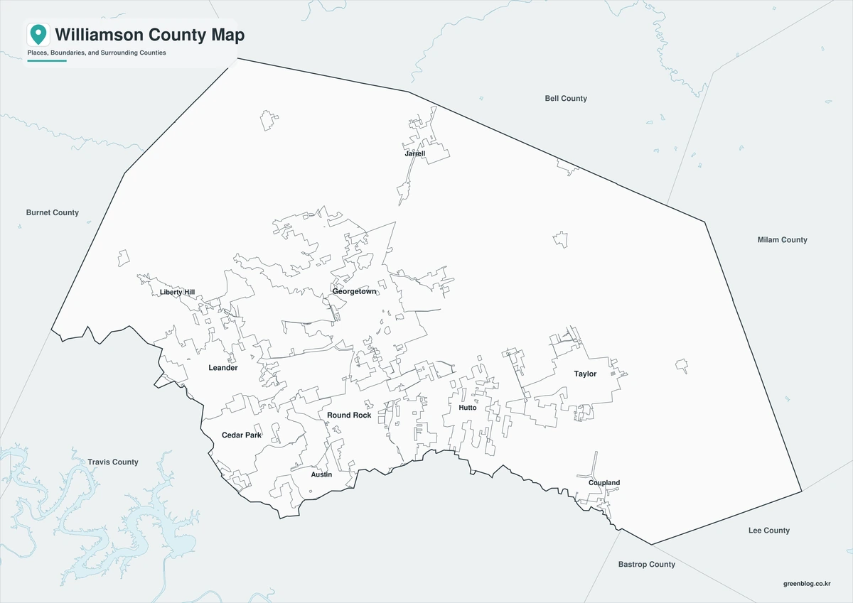 Black-and-white Williamson County map with selected place labels