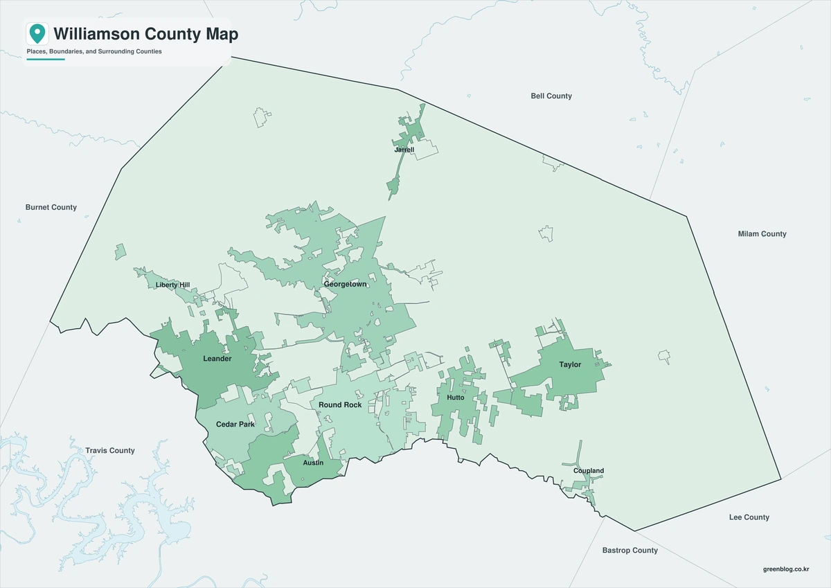 Color map of Williamson County Texas and neighboring counties