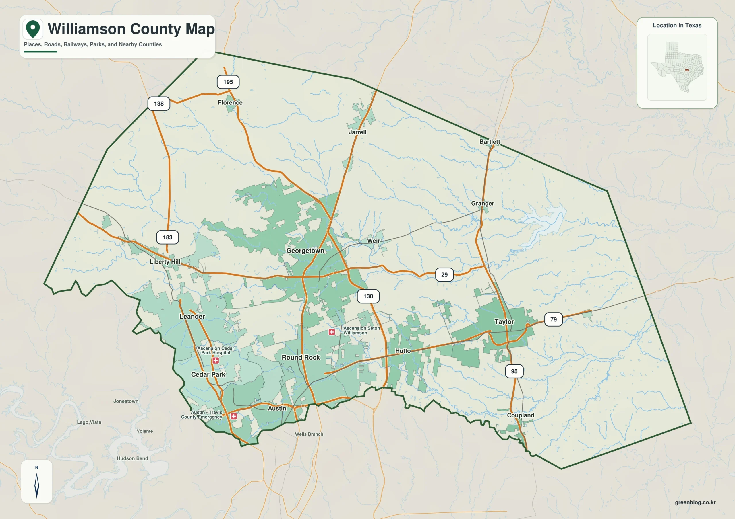 Williamson County Texas map showing Georgetown, Round Rock, Cedar Park
