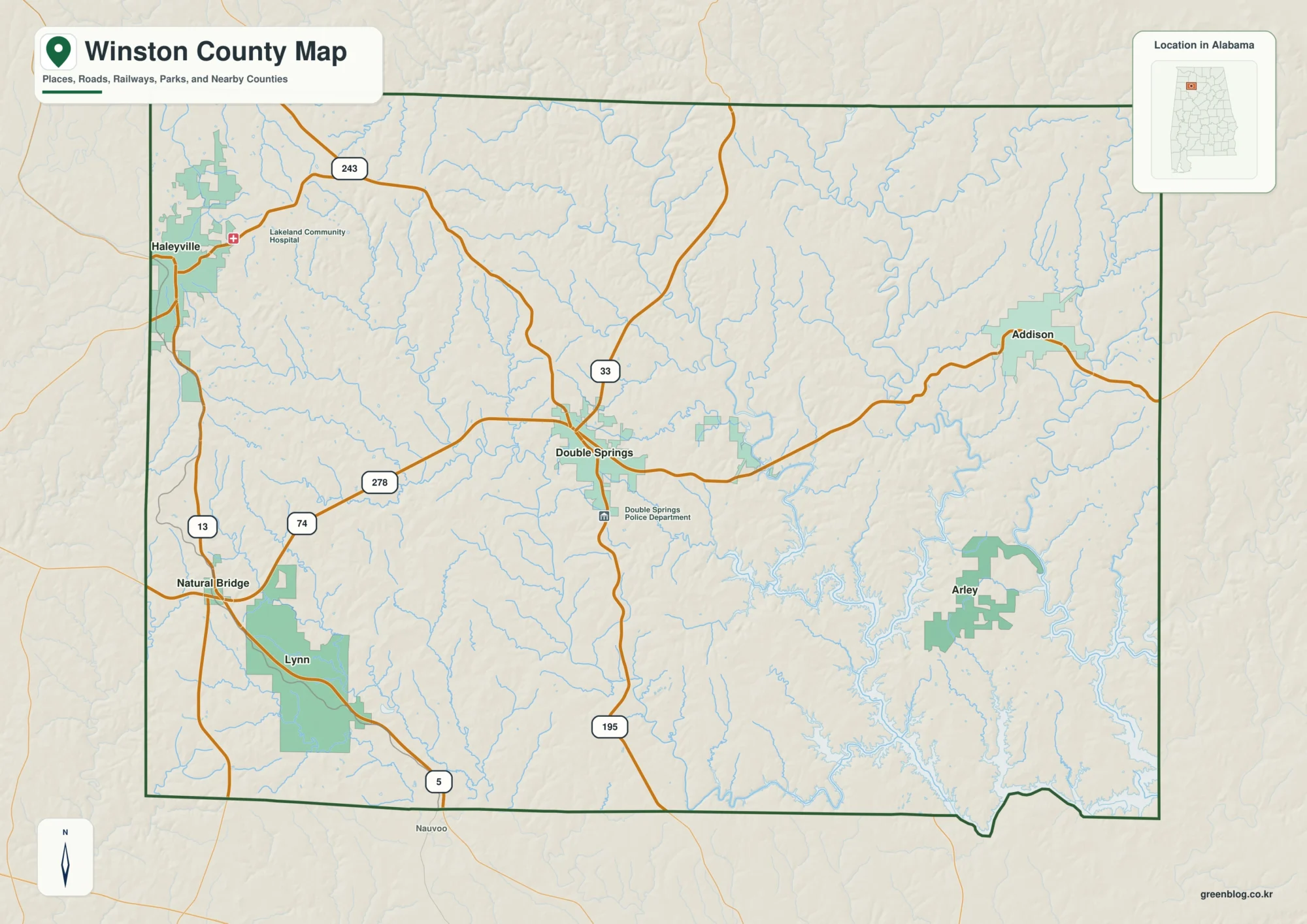 Winston County Alabama map showing the county boundary and selected places