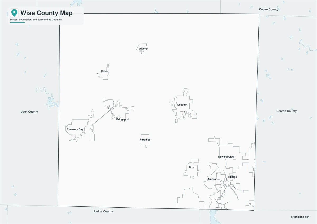 Black-and-white Wise County map with selected place labels