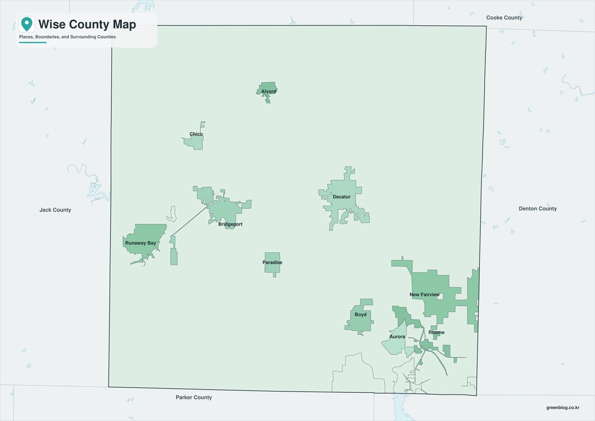 Color map of Wise County Texas and neighboring counties