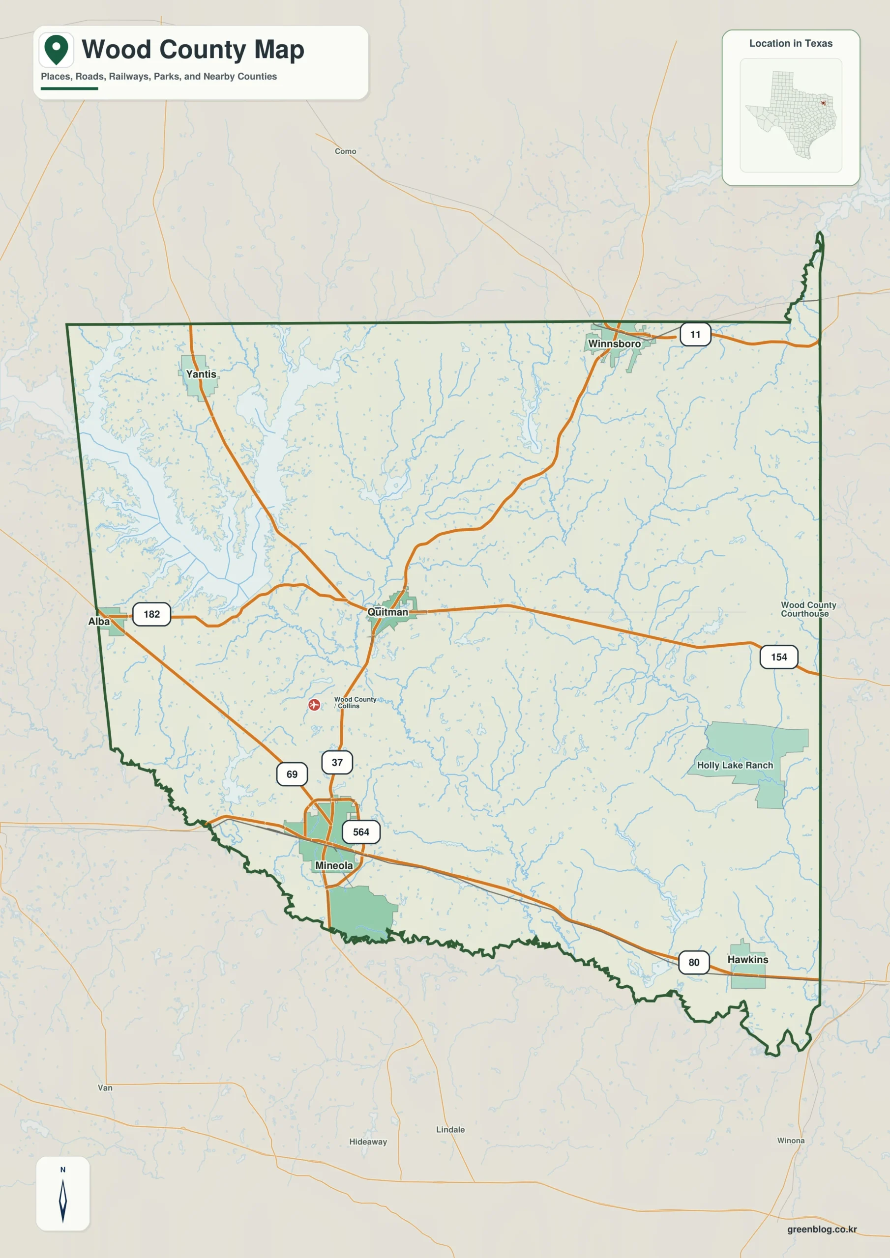 Wood County Texas map showing Quitman, Mineola, Winnsboro