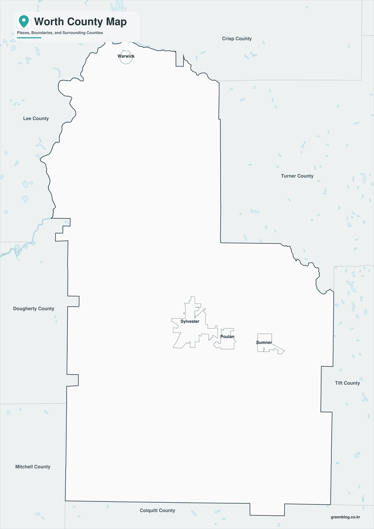 Black-and-white Worth County map with selected place labels